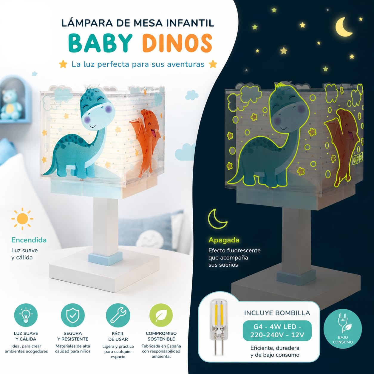 Dalber Lámpara Infantil de Mesilla Baby Dinos Dinosaurios 63451 G4 | Lámpara infantil de mesa o mesita; G4 4W LED - Bombilla incluida; Luz Quitamiedos