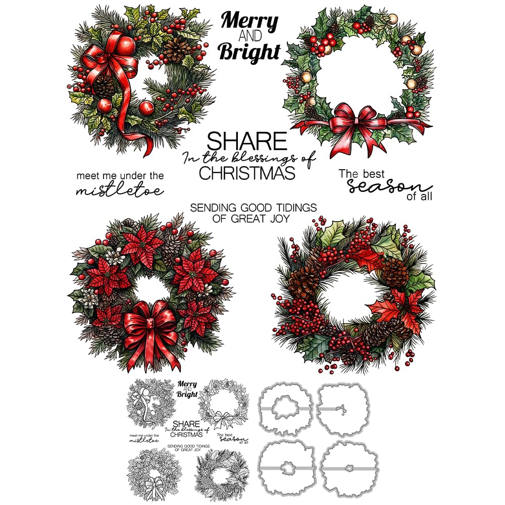 YIXUAN Merry Christmas Bells Wreath Leaves Clear Stamps and Metal Cutting Dies Set with Plastic Envelope Box for Card Making DIY Xmas Scrapbooking Supplies Silicone Stamp Knife Mold for Albums Crafts
