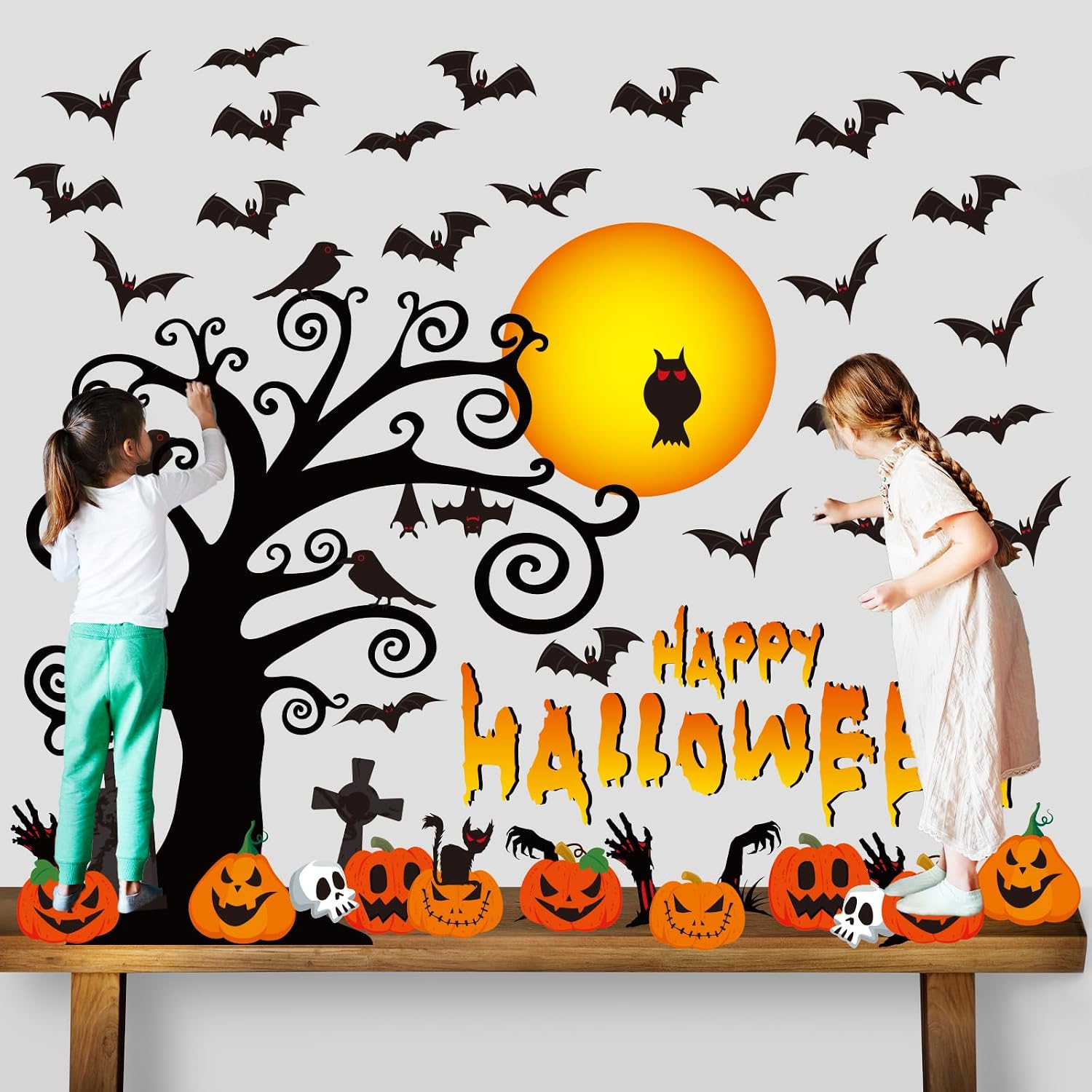 Large Happy Halloween Bulletin Board Set Classroom Decoration Bat Pumpkin Tree Paper Cutouts Halloween Cemetery Scene Setters Bulletin Boards Scary Supplies for Kids Class Home Chalkboard Wall Decor