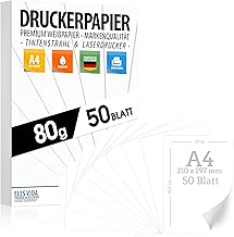 Druckerpapier A4 80g weiß – 50 Blatt - PREMIUM PAPIER Reinweiß - DIN A4-21 x 29,7 cm - Kopierpapier, Laserdrucker & Tintenstrahl für Uni, Fotografie, Präsentationen Ideal für Büro & Office - 50 BLATT