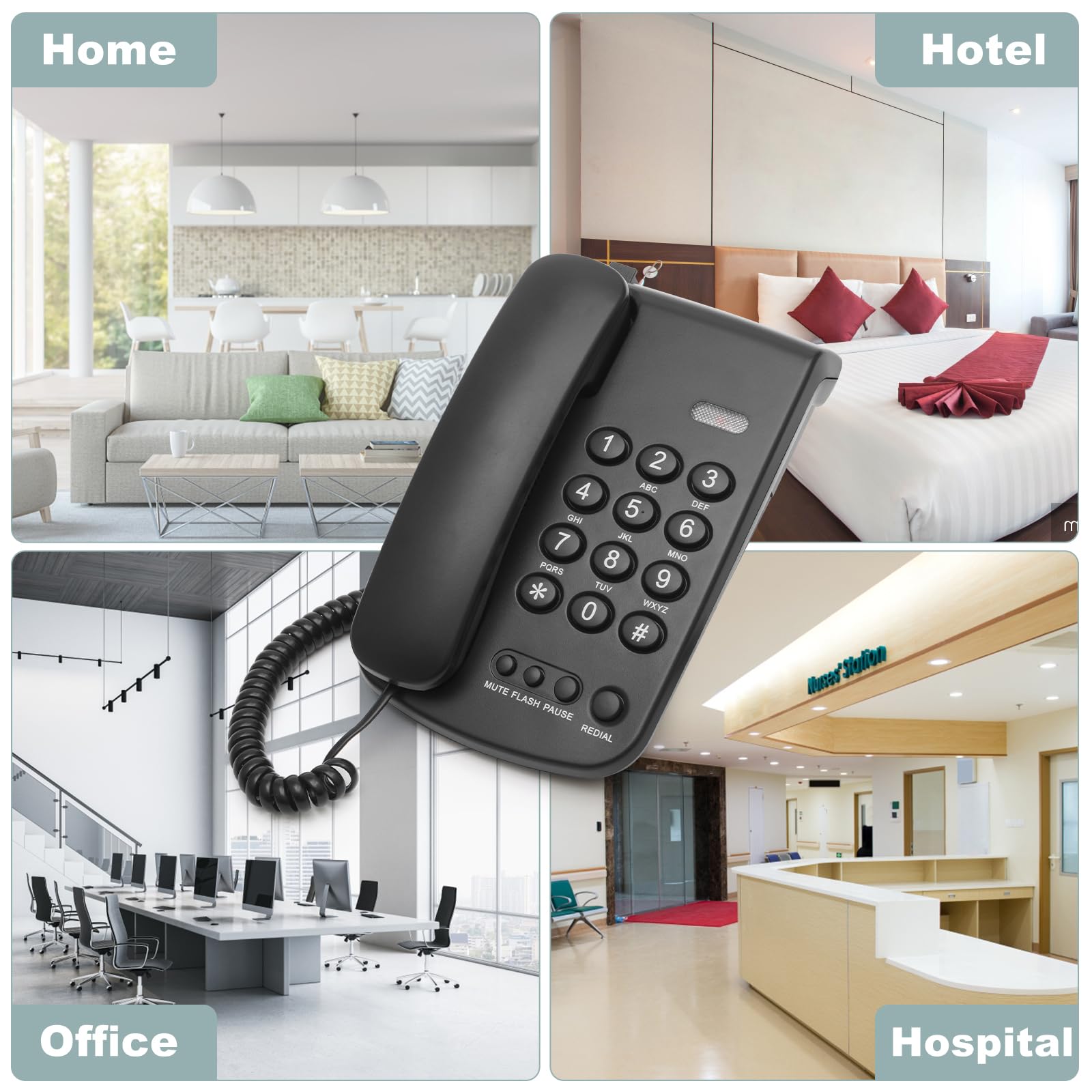Lativu Teléfono con cable negro, teléfonos fijos con cable para uso en el hogar/oficina/hotel/recepción con volumen ajustable, teléfono para teléfonos fijos compatible con función de silencio