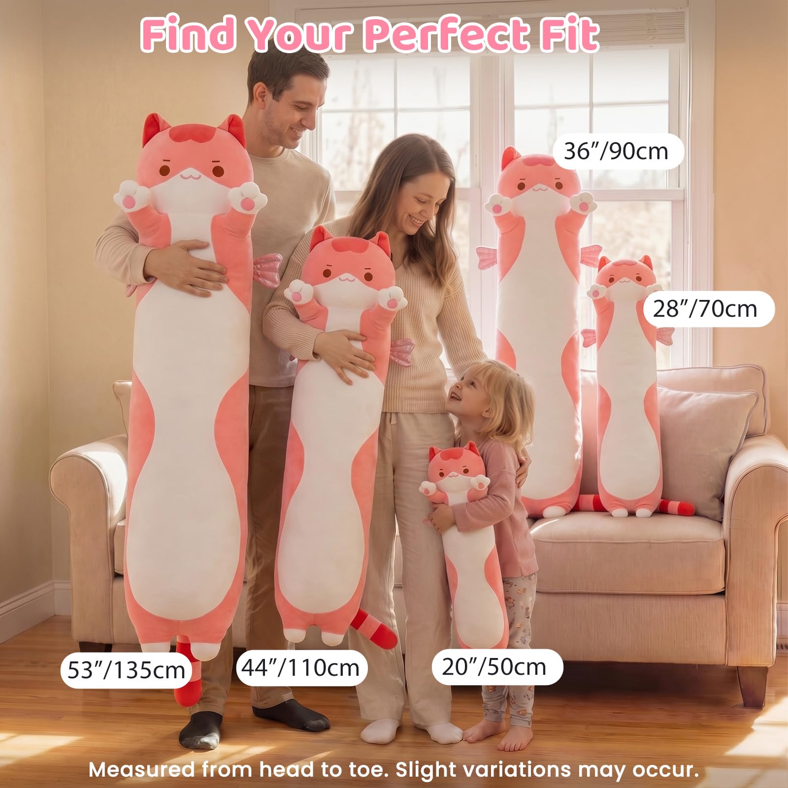 Mewaii Peluche Cuscino Kawaii Lungo Gatto Rosa 50CM per Bambina Cuscino di Peluche Animali Giocattoli Abbraccio Morbido Cuscino Giocattolo Regalo per Ragazza 3 anni in su