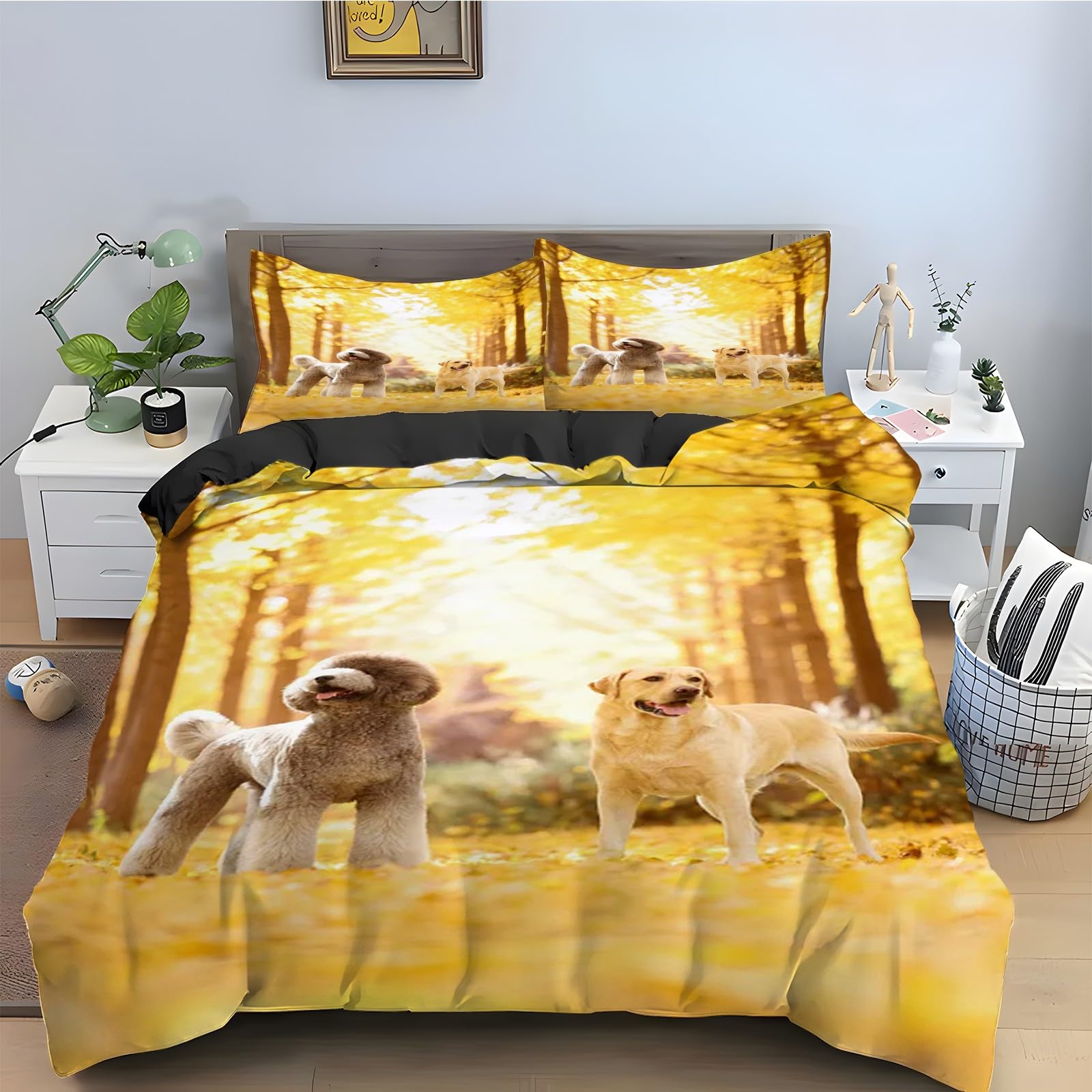 Housse de couette Caniche 90x190 parure de lit 3 pièces avec taies d'oreiller