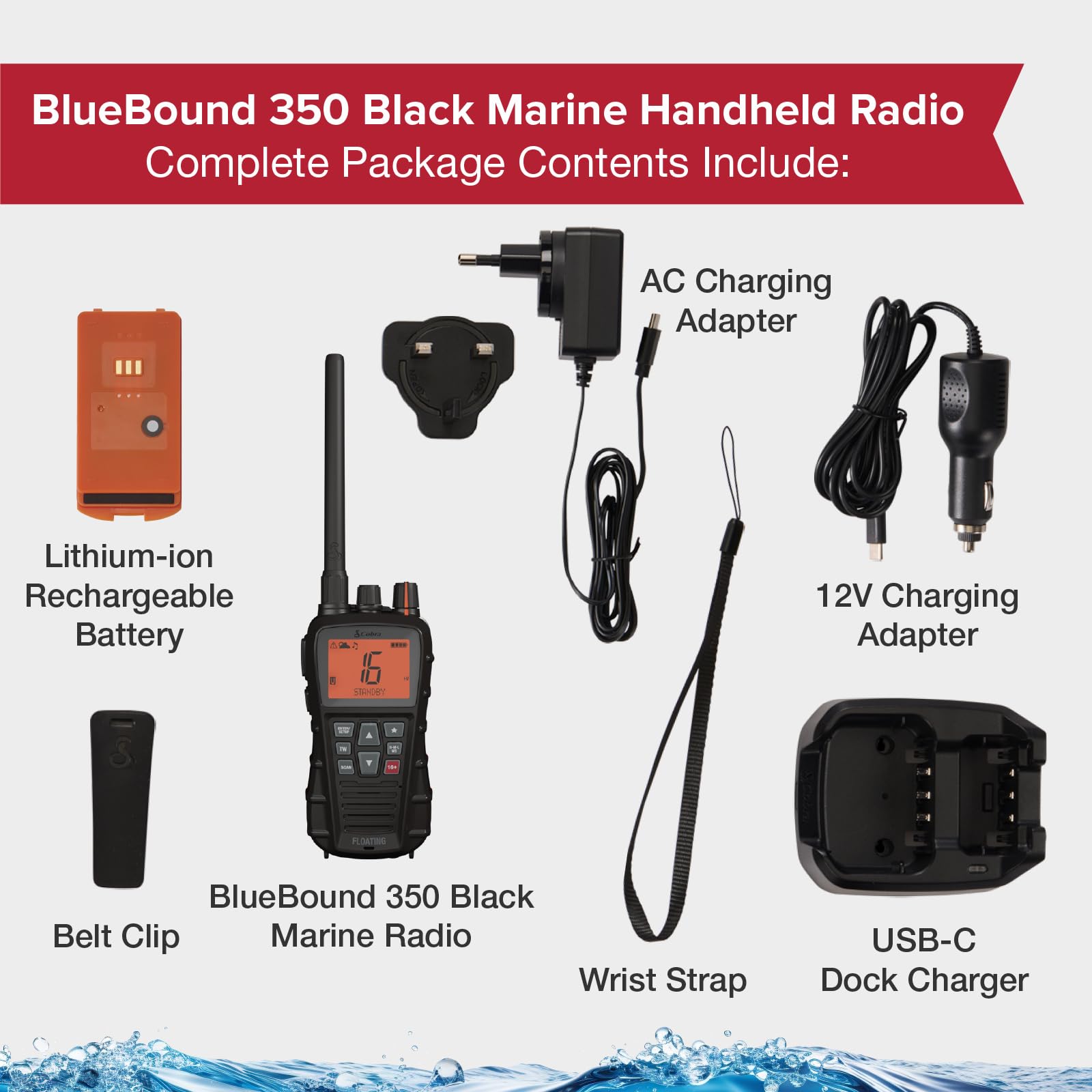 Cobra BlueBound 350 - Radio VHF marina portatile galleggiante da 6 Watt, galleggiante n' Flash, impermeabile IPX7, sommergibile, display LCD giorno/notte, scansione di memoria, Tri-Watch, nero