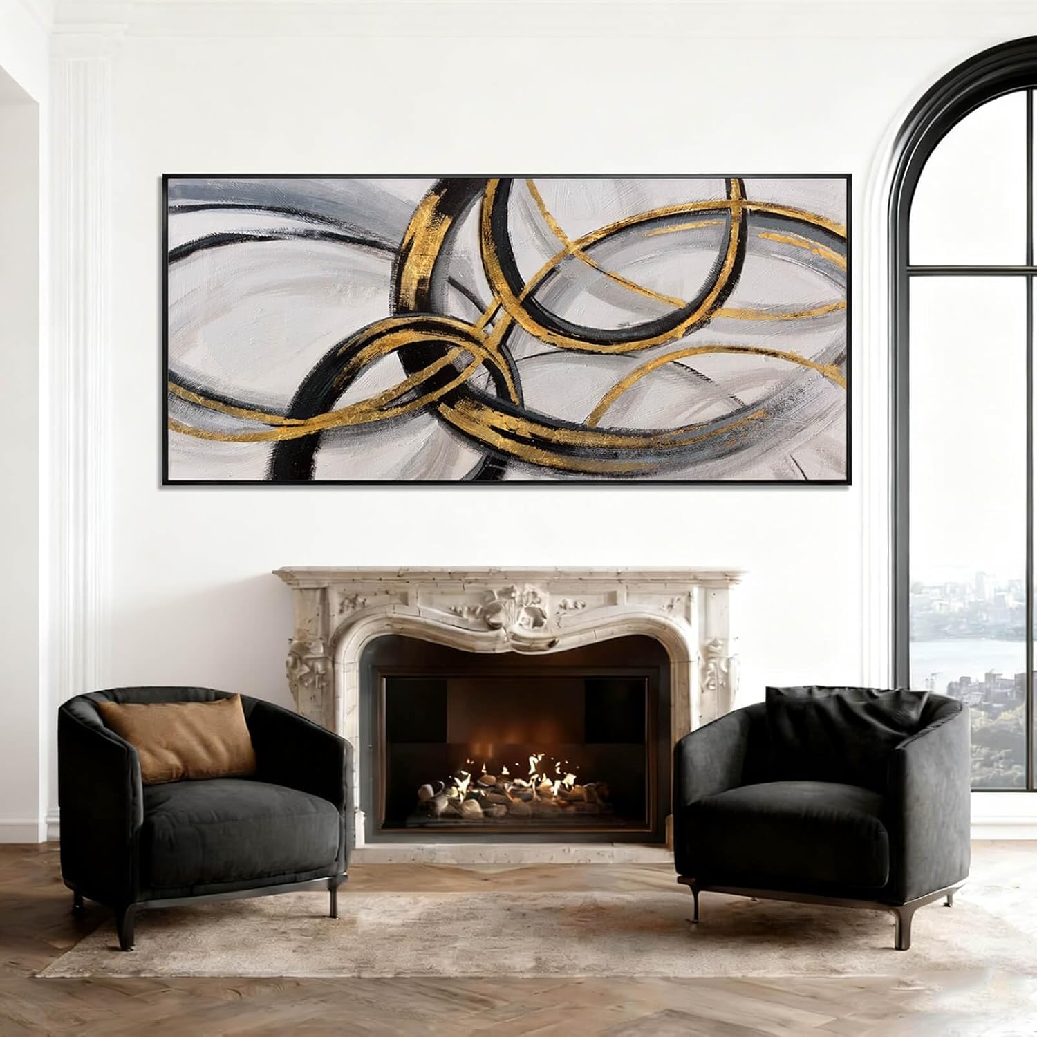 Black and Gold Line Wall Art Abstract Wall Decor Neutral Canvas Posters 32"x70" Large Framed Art for Living Room Office Pictures