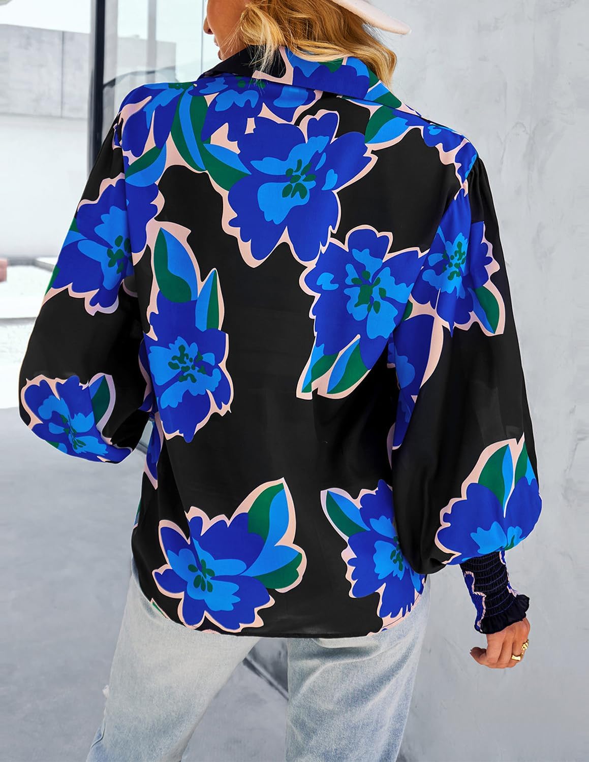 Long Sleeve Button Down Shirts for Women Dressy Casual Blouses Oversized Floral Tops with Lantern Sleeve - Image 5