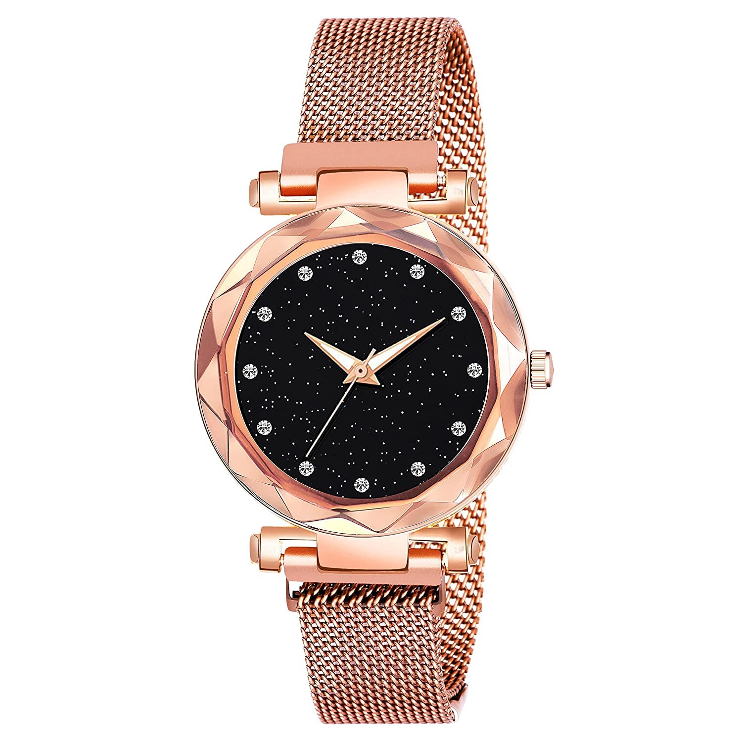 CORXIL Black Round Diamond Dial with Latest Generation Magnet Belt Analogue Watch for Women | Black Dial Magnet Belt Watch for Girls & Women.