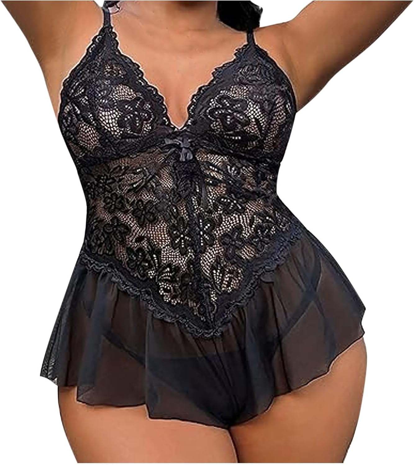 Plus Size Lingerie for Women Sexy Lace Floral Embroidery Deep V Camisole Chemise Cute Babydoll Nightdress Sleepwear
