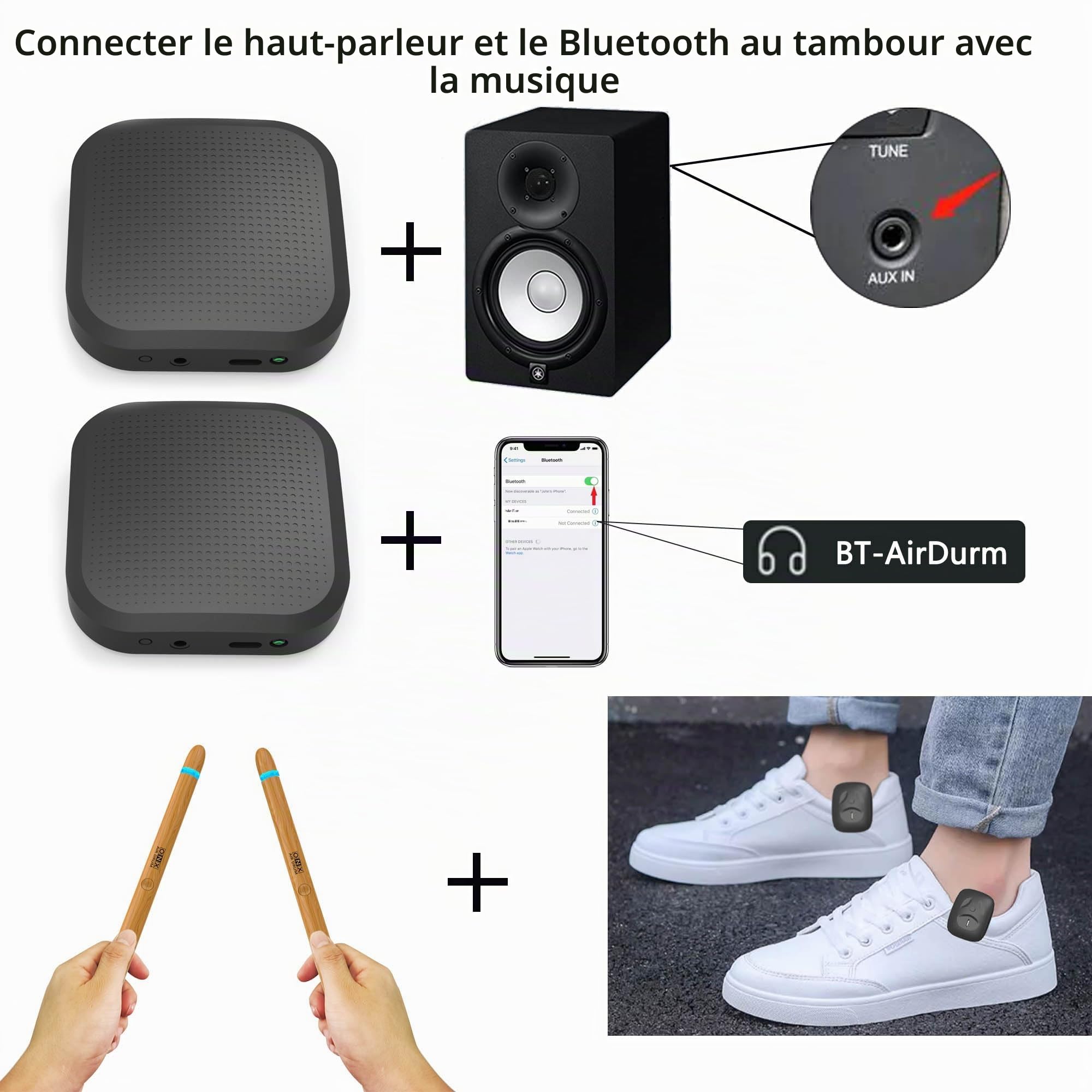 Baguettes de batterie aérienne Air Drumsticks, Batterie virtuelle à air avec baguettes et pédales, Bluetooth, 8 sons, kit de batterie électronique pour adultes et enfants, idée cadeau