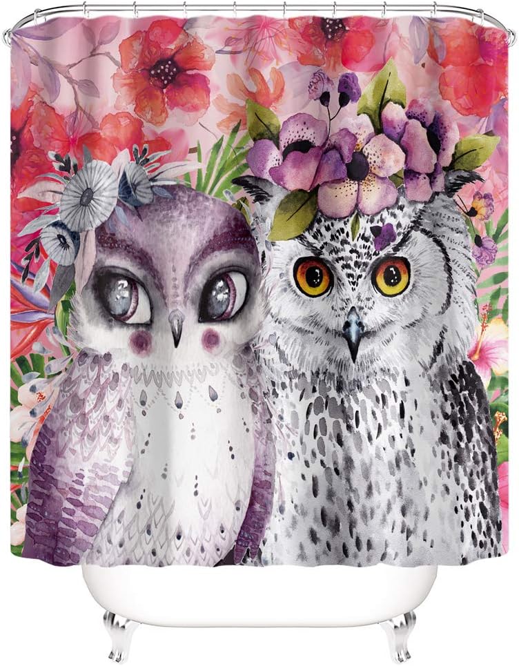 flowerlove 4Pcs Night Owl Shower Curtain Sets with Rugs Toilet Lid Cover and Bath Mat,Cartoon Pink Bathroom Sets with Rugs and Mats Waterproof Bathroom Shower Sets with 12 Hooks
