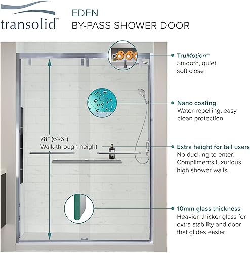Miniatura 2 de Transolid EBPT608010C-T-CB Eden 56-60 pulgadas de ancho x 80 pulgadas de alto Puerta de ducha doble corredera sin marco con exclusiva tecnología
