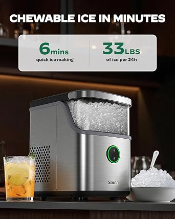 Silonn Nugget Ice Maker Countertop,33Lbs/Day, Includes Scoop & Cleaning