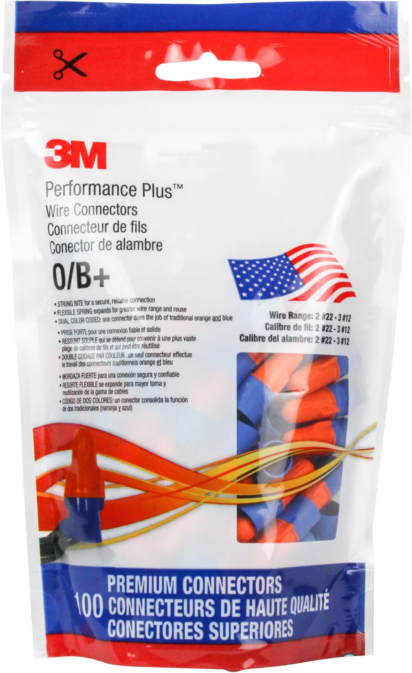 3M Performance Plus Wire Connector, O/B+POUCH, Orange/Blue, Flexible Steel Spring Connectors, Twist On, CSA Certified, UL Listed, Pouch of 100, 22-12 AWG