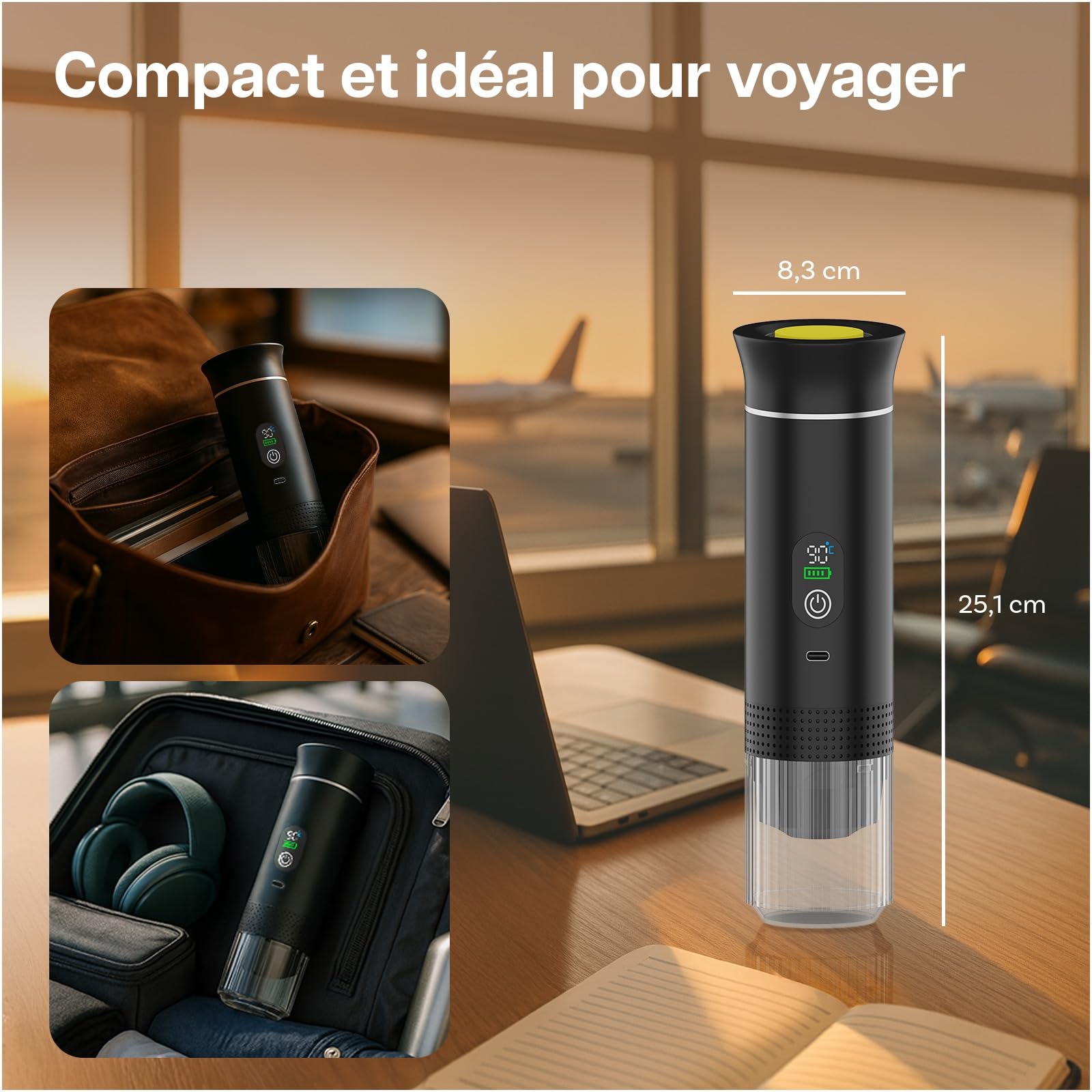 MMOBIEL Cafetière Portable Machine à Café Expresso Électrique avec Base Anti-Dérapante, Auto-Chauffante & USB-C – Compatible Capsules & Café Moulu pour Voyage, Camping, Maison, Voiture, Bureau
