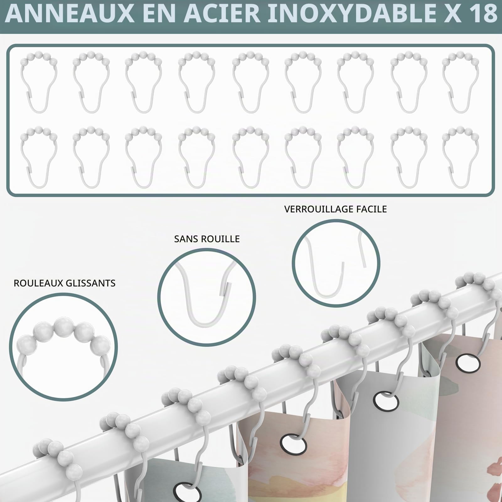 Tringles à Rideau de Douche Sans Perçage en Forme de L en 304 Acier Inoxydable, 95-125 x 95-125 cm, Avec 18 Anneaux, Sans Support de Plafond, Tringle Douche Angle Pour Baignoire et Douche - Blanc