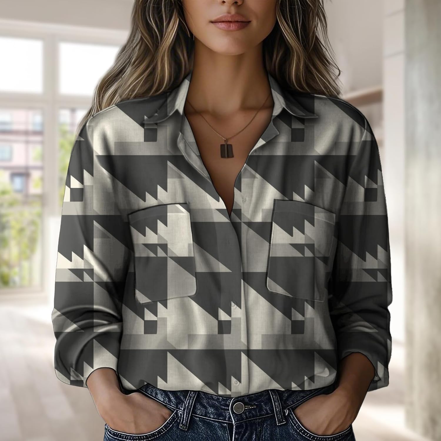 Shirts for Women Trendy Hippie Minimalist Print Tunic Tops Long Sleeve V Neck Button Down Flowing Blouse - Image 2