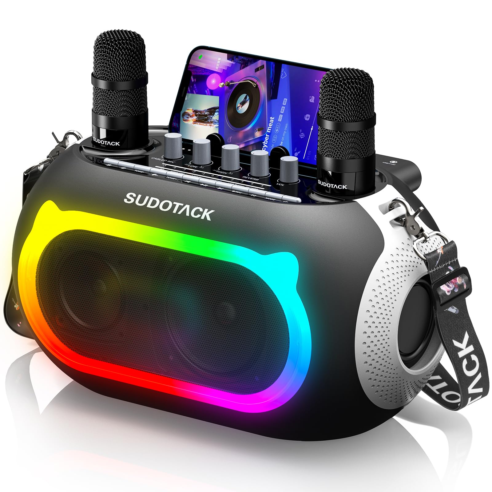Karaoke Maschine Mit 2 Mikrofonen & LED-Licht – Bluetooth-Box Für Partys, Drinnen & Draußen