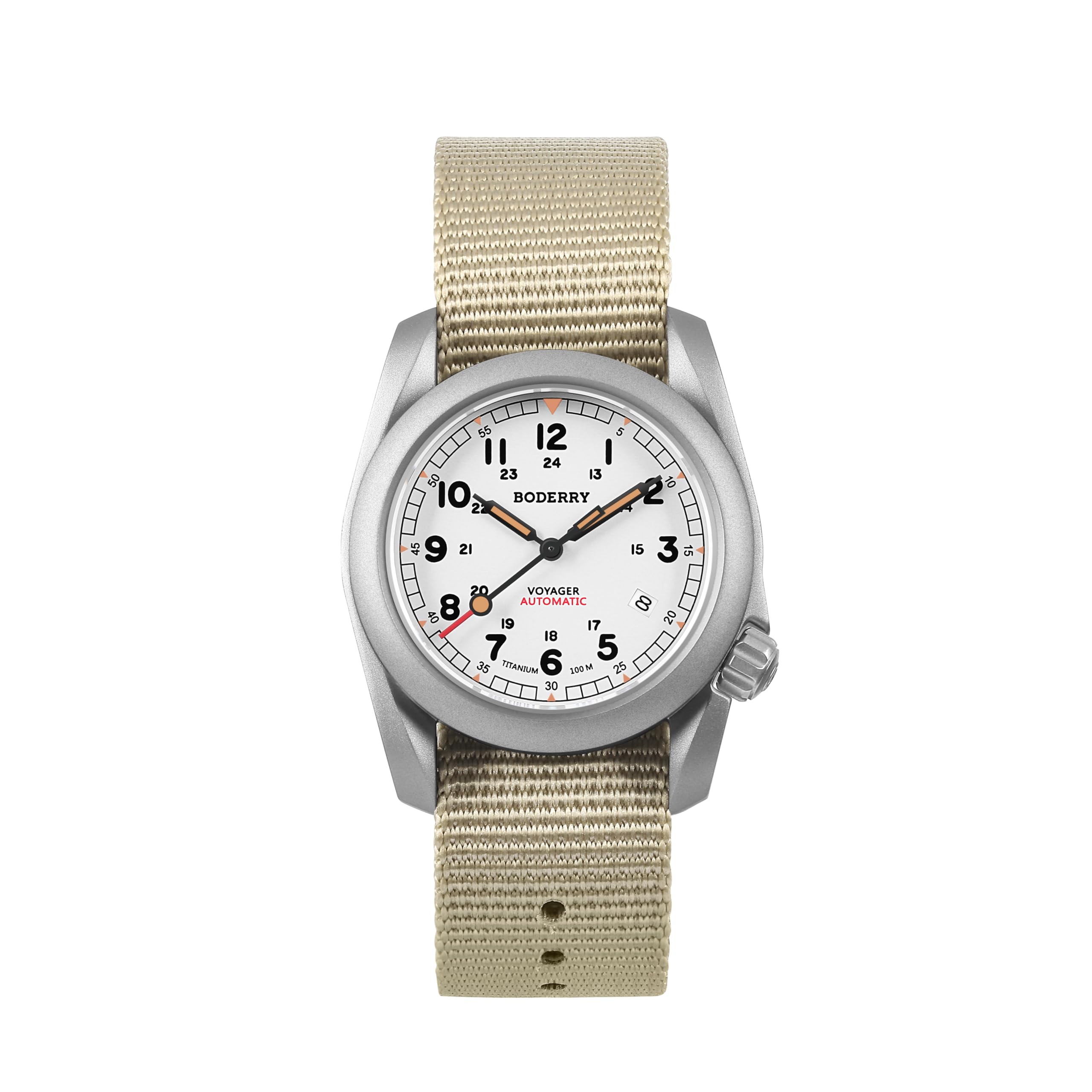 BODERRY Men's Watch Titanium Automatic Field Watch 40mm Military Watch Day Date Function 100M Waterproof with Nylon Strap Japanese Mechanical Movement & Screw Down Crown—Voyager