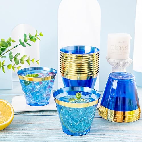 Miniatura 6 de Nervure 240 vasos de plástico azules  Vasos de plástico con borde dorado de 9 onzas  Vasos de plástico azul desechables resistentes con borde