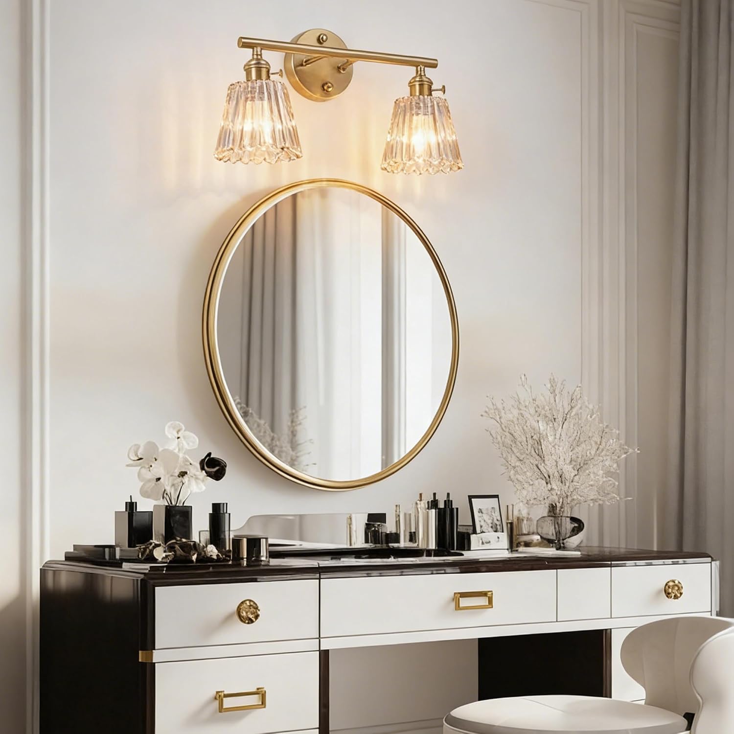 2-Light Bathroom Vanity Light, Brushed Brass Gold Vintage Wall Sconce with Independent Toggle Switch, Amber Ribbed Glass Light Fixture for Mirror, Bedroom, Living Room Hallway