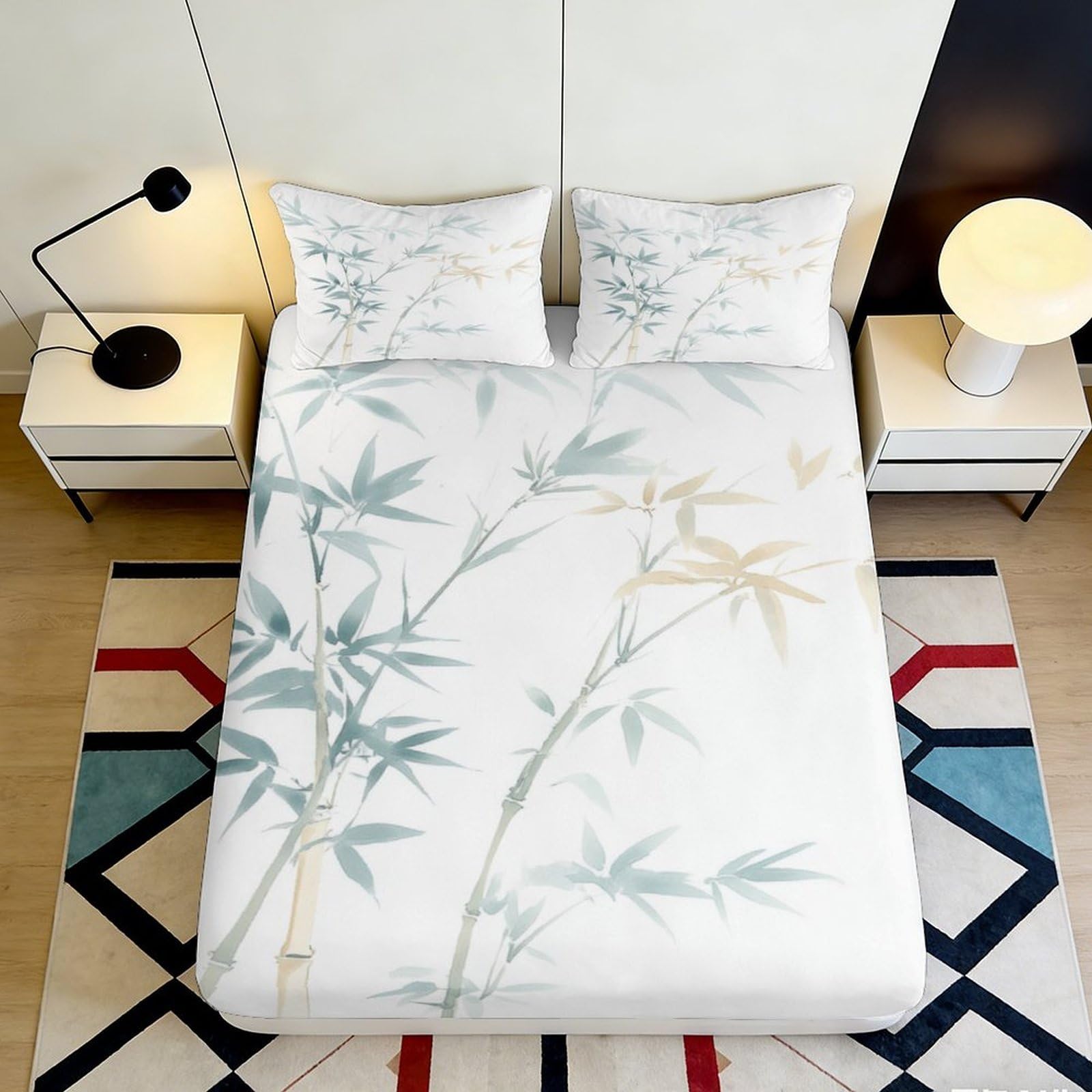 3D Printed Bamboo Leaf Fitted Sheet Microfiber Soft Breathable Golden Branch Mattress Cover for Bedroom Dorm Decor 90x200x25cm