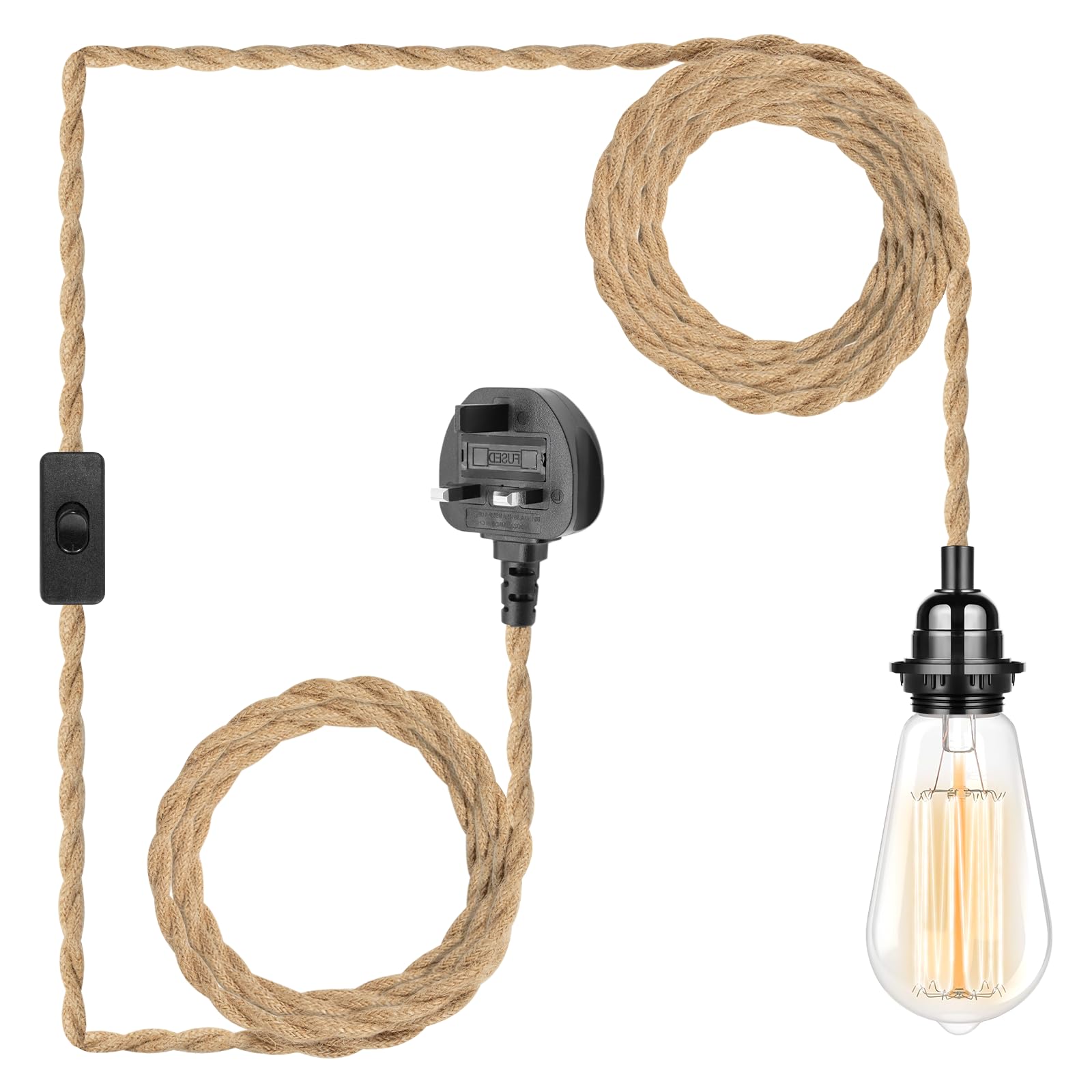 HUDYOGY Plug in Pendant Light, 15FT Pendant Lamp Lights Cord with Switch Cord E27 Bulbs Socket, Industrial DIY Twisted Hemp Rope Overhead Lamps for Farmhouse Bedroom Home Lighting Decors