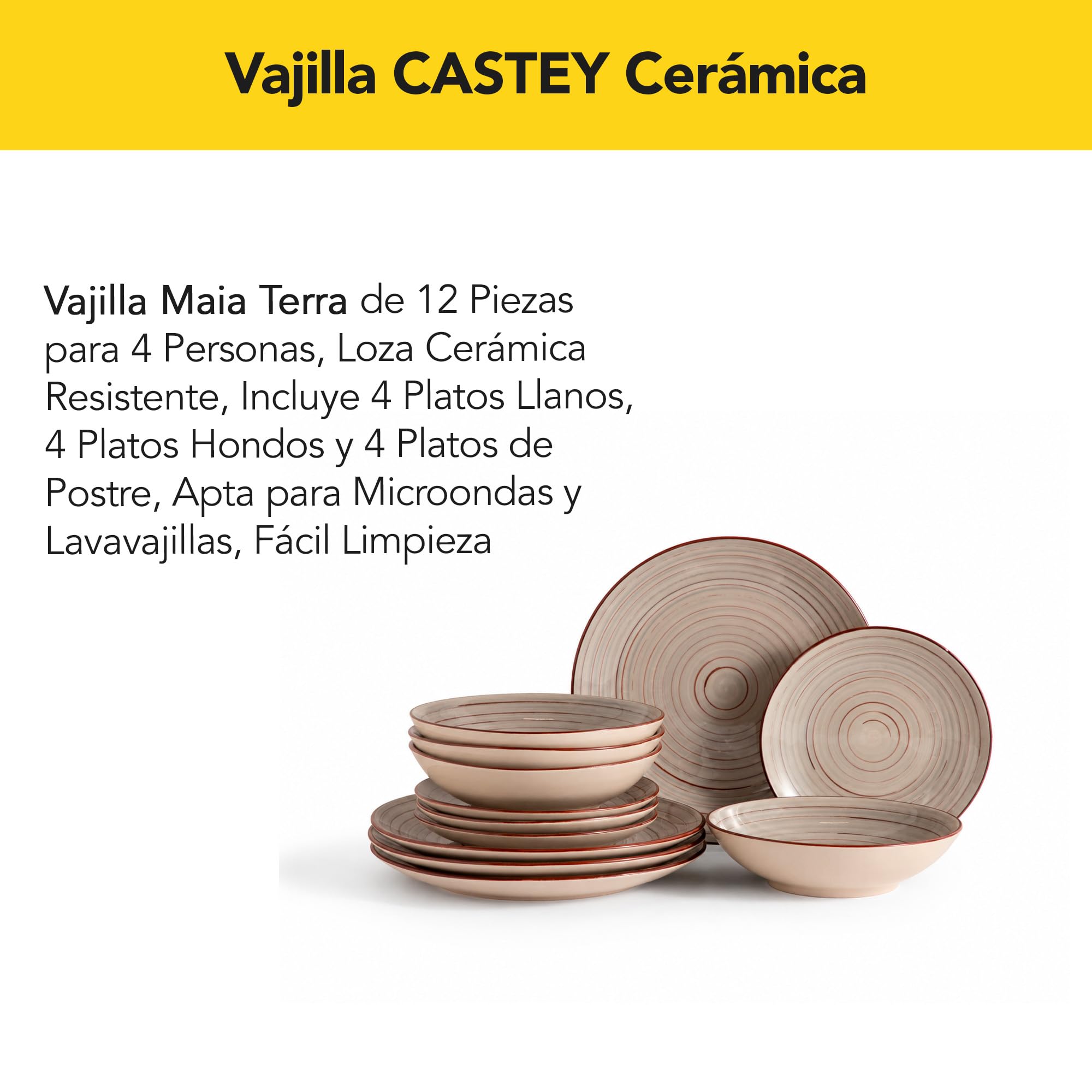 CASTEY - Vajilla Maia Terra de 12 Piezas para 4 Personas, Loza Cerámica Resistente, Incluye 4 Platos Llanos, 4 Platos Hondos y 4 Platos de Postre, Apta para Microondas y Lavavajillas, Fácil Limpieza