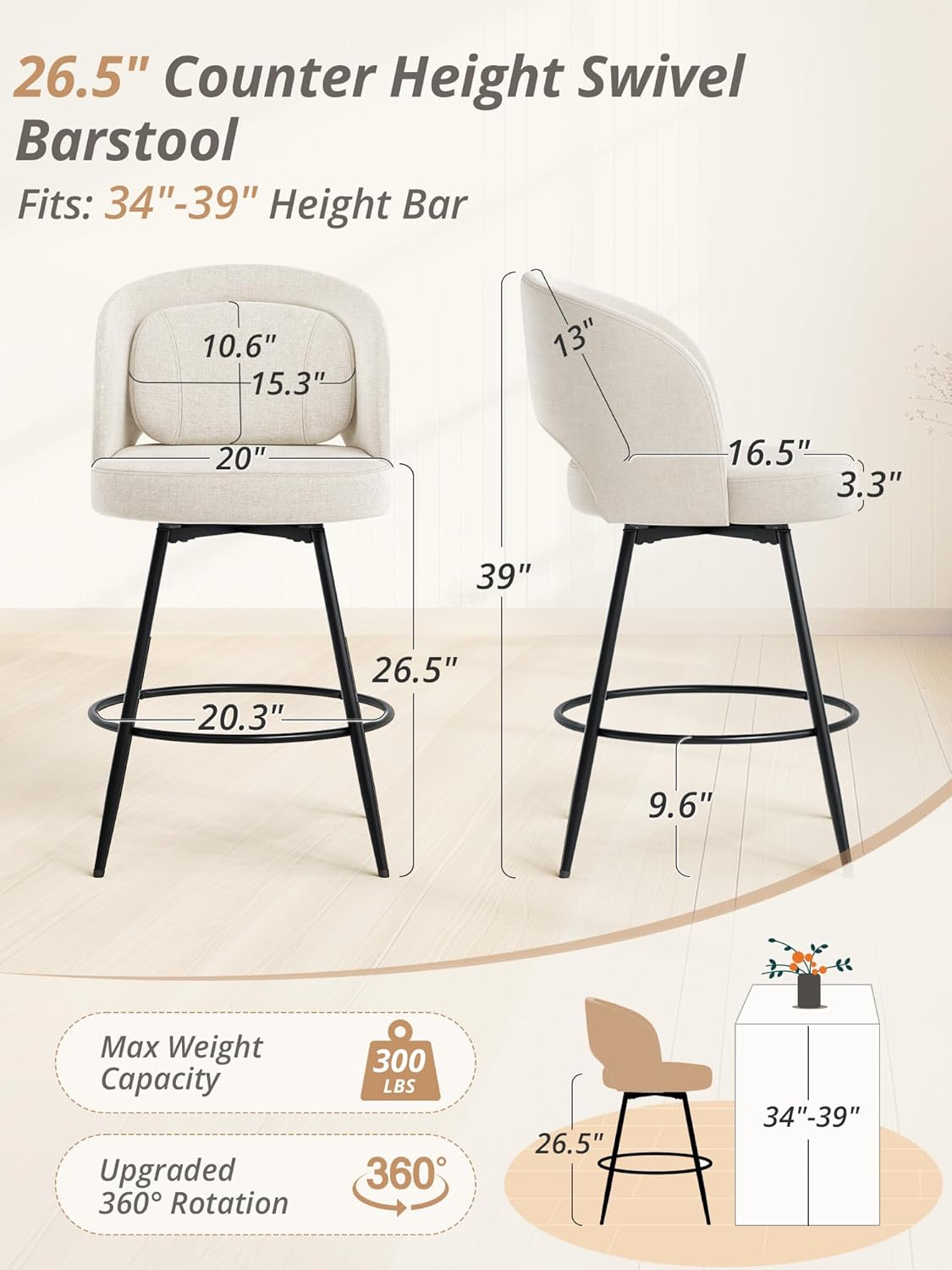 LUE BONA 26''H Swivel Bar Stools Set of 3, Counter Height Bar Stools with Backs, Lumbar Pillow and Black Metal Frames, Upholstered Morden Barstools for Kitchen Island, Linen Farbic, Linen Color