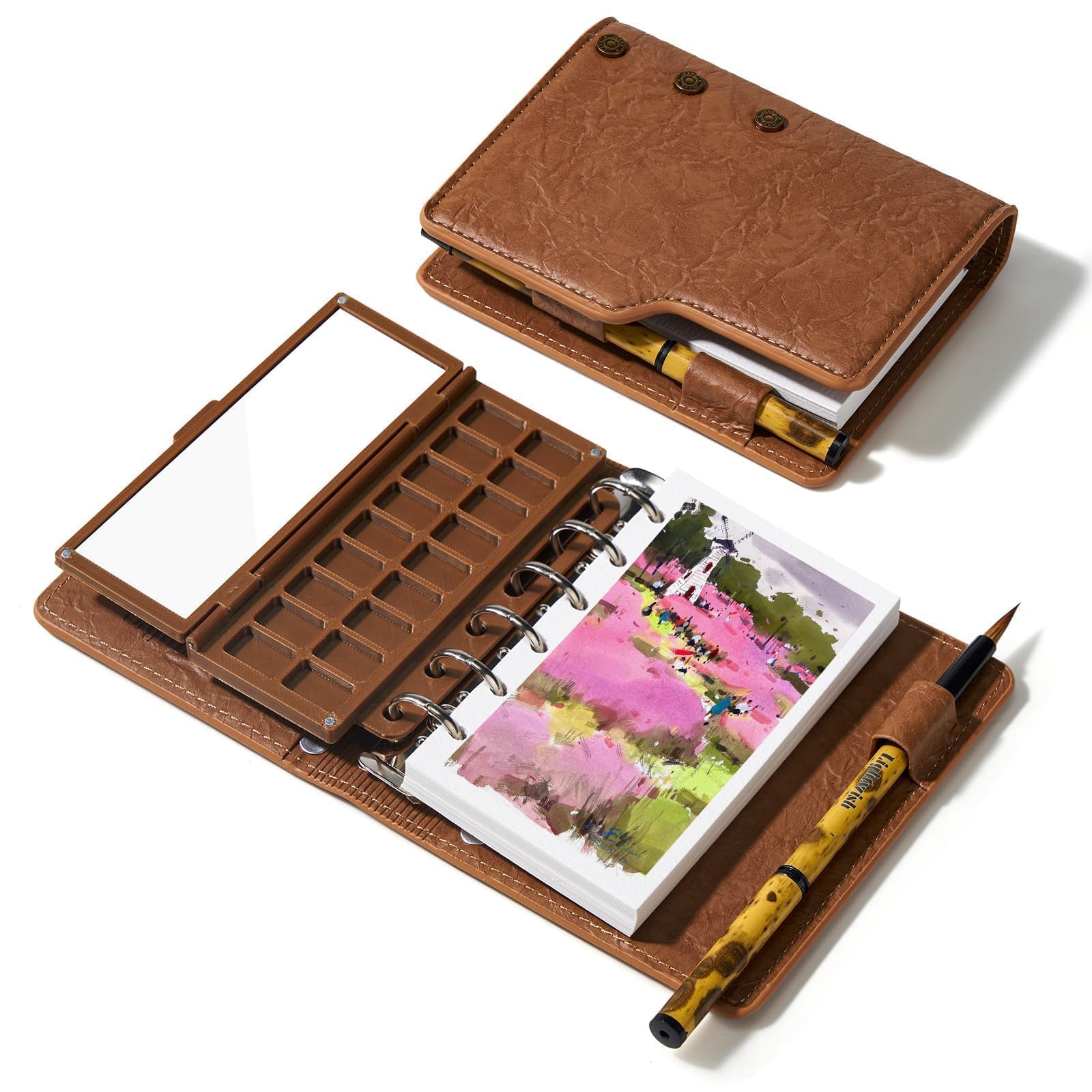 Tragbar Aquarell Skizzenbuch Set - 13 x 7.5 cm Kaltgepresst Reise Aquarellbuch, 100% Baumwolle Papier & Keramik Palette & Wasserpinsel | Komplettset für Outdoor Malen, Urban Sketching | 20 Blätter