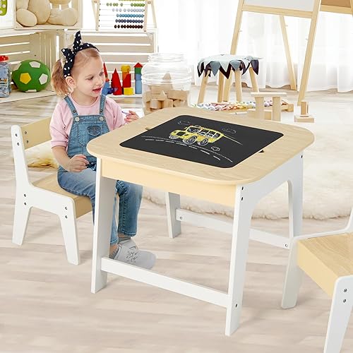 Miniatura 2 de HONEY JOY Juego de mesa y silla para niños, mesa de actividades de madera 3 en 1 y 2 sillas para manualidades artísticas, pizarra reversible, 3