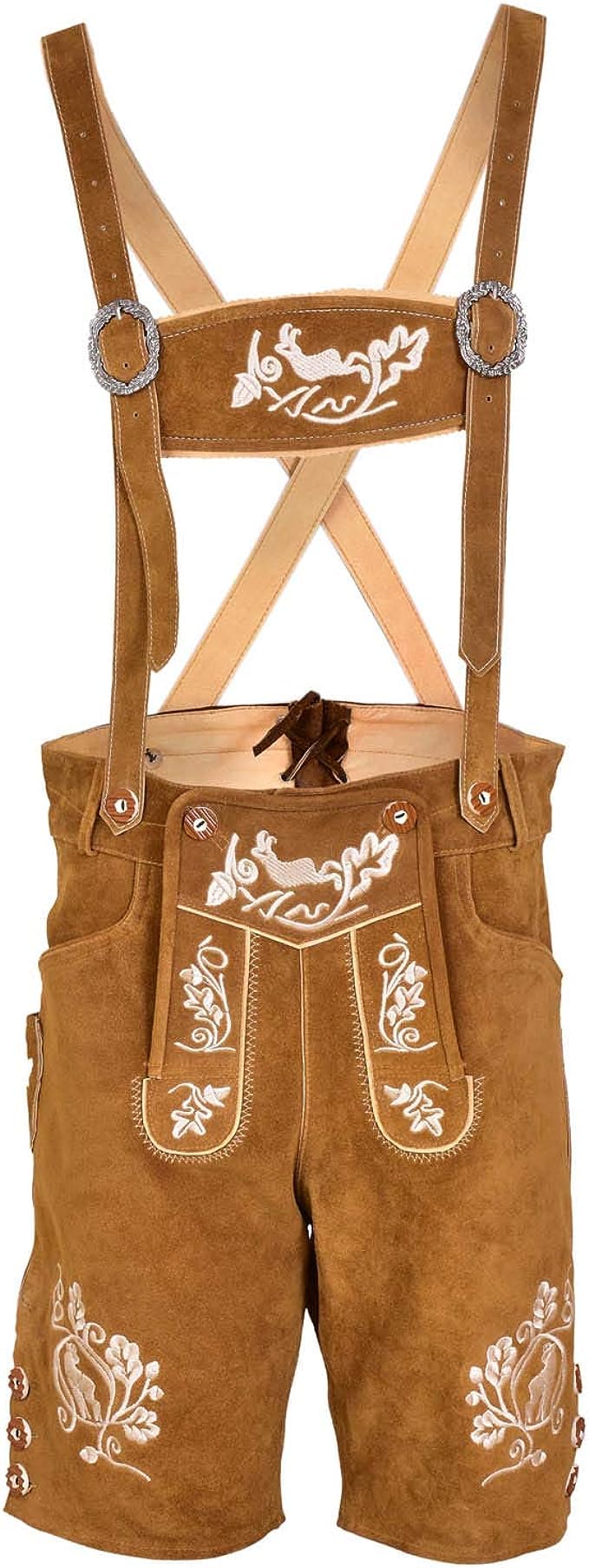 Bavarianland Men's Lederhosen Real Suede Leather with Matching Suspenders Shorts (UK 44 inch/EU 60, Golden with White Embroidery) โ image 1