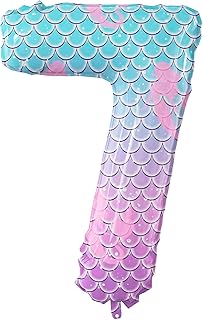40 Inch Giant Mermaid Theme Number Balloons Fish Scale Foil Balloon - Large Purple Blue Number 7 Balloons for Kids' Birthday Mermaid Party Decorations Baby Shower Supplies (Numbers 3-7 Available)