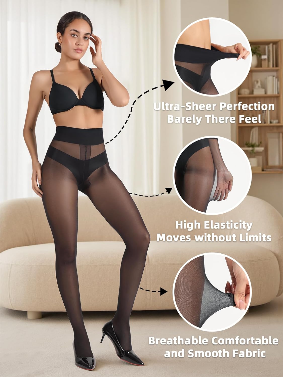 SUREPOCH Sheer Nylon Tights for Women 20D T Crotch Pantyhose Control Top High Waist Black Stockings Reinforced Toe - Image 4