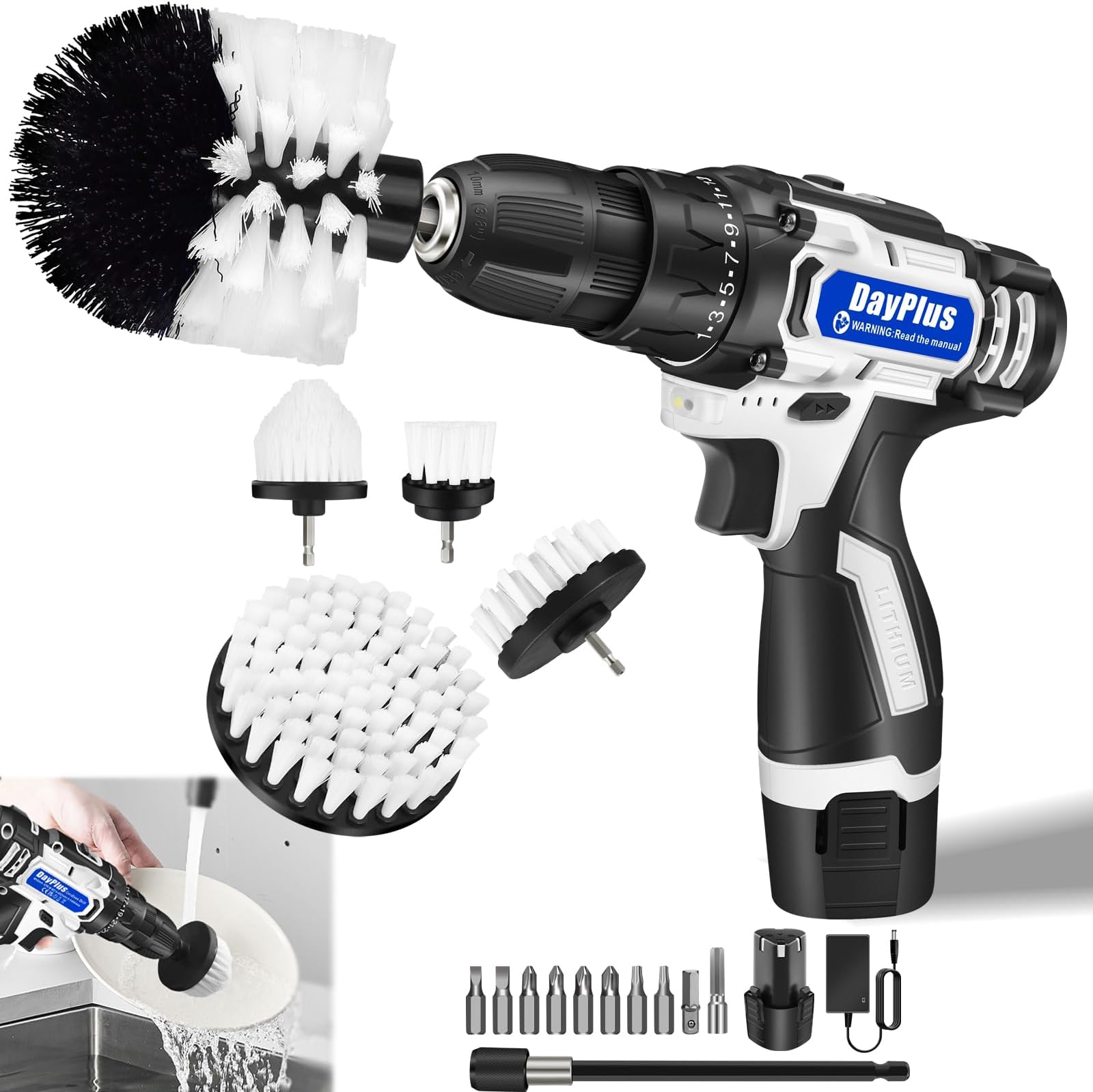 16.8V Cordless Drill Set with 5 Cleaning Brush and 10 Bits, Battery Powered Drill Driver Kit with 25+1 Torque Setting, Multipurpose Electric Power Drill Cleaning Set for Tile Bathroom Kitchen Car