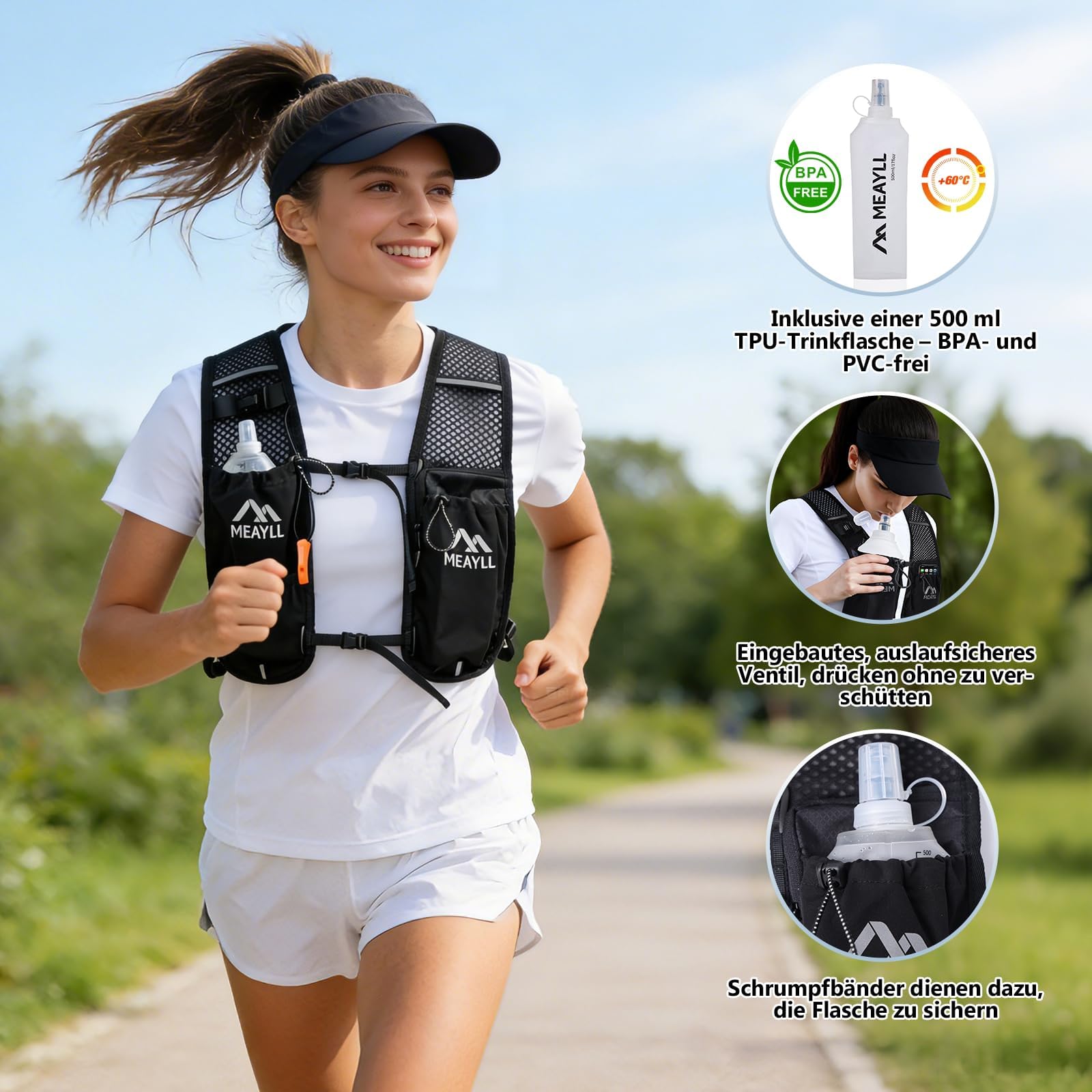 Laufweste für Damen & Herren mit 500 ml TPU Trinkflasche – Leichter und bequemer Laufrucksack, 7 L Volumen, Kompatibel mit 2 L Trinkblase, ideal für Trailrunning, Radfahren, Wandern und Marathon