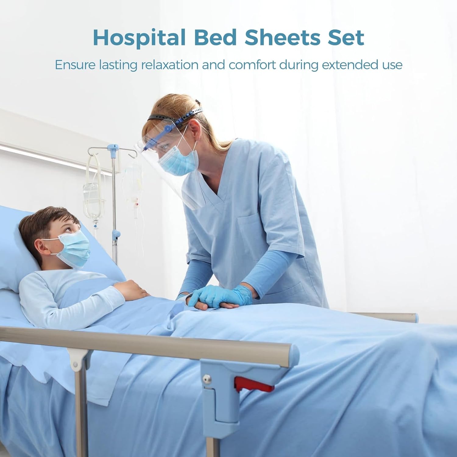 6-Piece Hospital Bed Sheets Set, Includes 2 Fitted Sheet 84x36x14, 2 Flat Sheets 104x59, 2 Pillowcases 19x29, Soft Breathable Fiber Cotton for Home and Hospital Use, Sky Blue