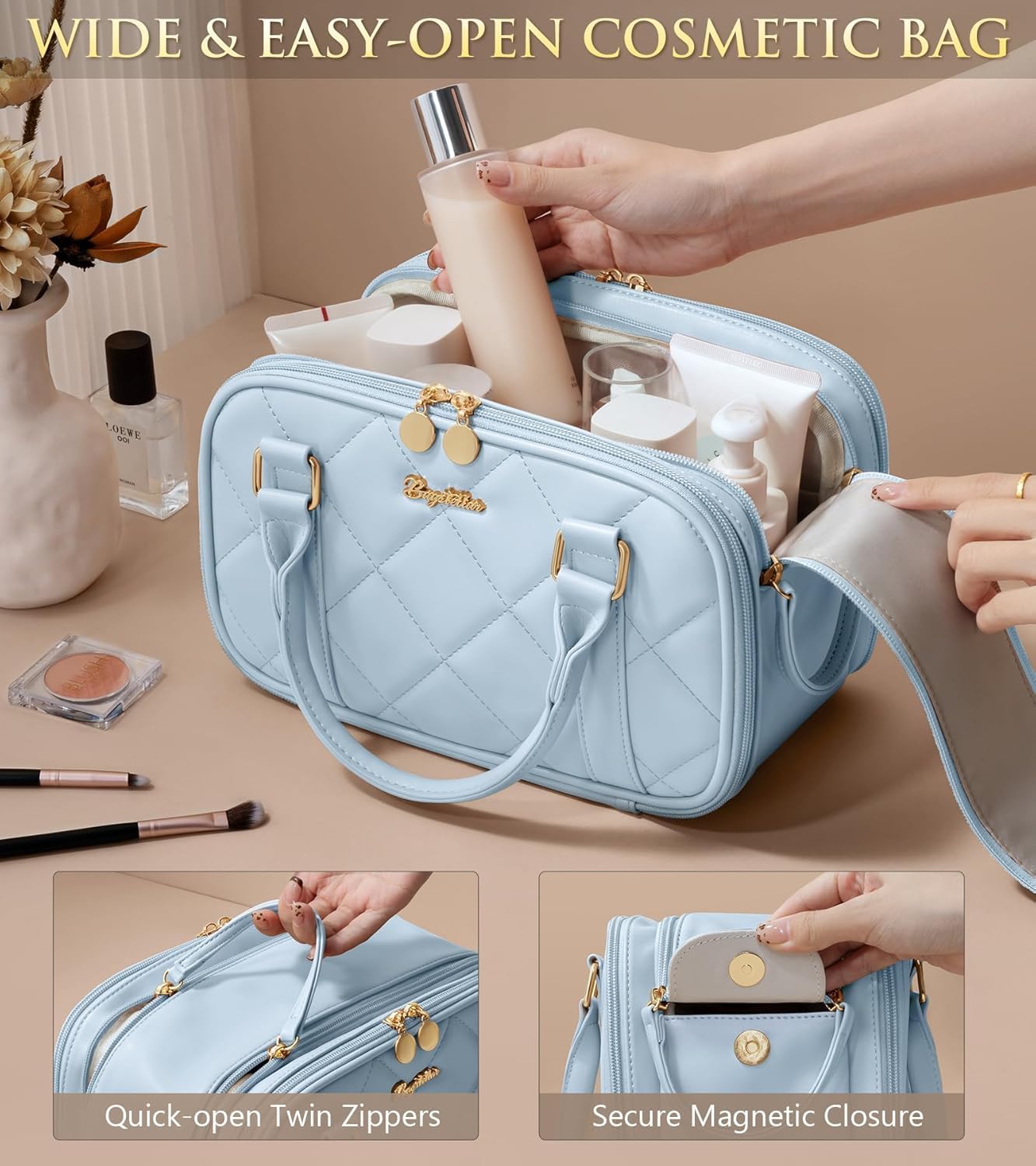 Travel Makeup Bag, Large Capacity Quilted Toiletry Bag for Women Stand-up Cosmetic Bag Open Flat Make Up Case Organizer Portable Pouch Purse w/Handle for Traveling Accessories, Blue - Image 4