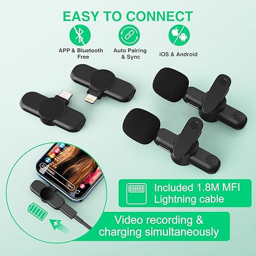 Miniatura 2 de Micrófonos Lavalier inalámbricos para iPhone, iPad, Android, (2 micrófonos con 2 receptores) Reverberberación de 2.4 Hz, micrófono de solapa de