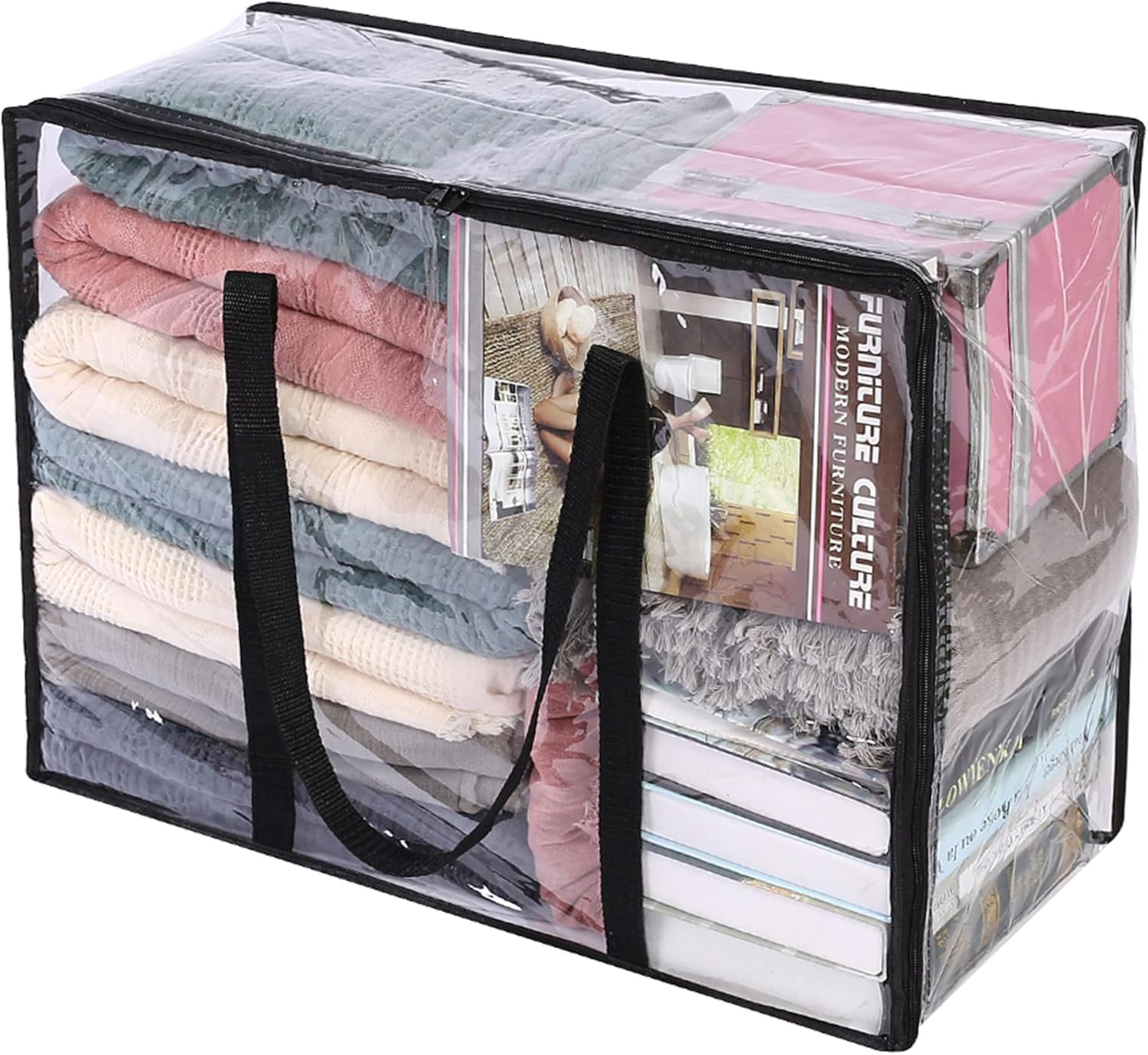 Extra Large Storage Box Clear Clothes Storage Bags, Plastic Blanket Storage Bags, Foldable Moving Bags with Zipper, Cloth Organizers for Bedding, Duvet, Comforter (40 L, PACK OF 1)-image-0