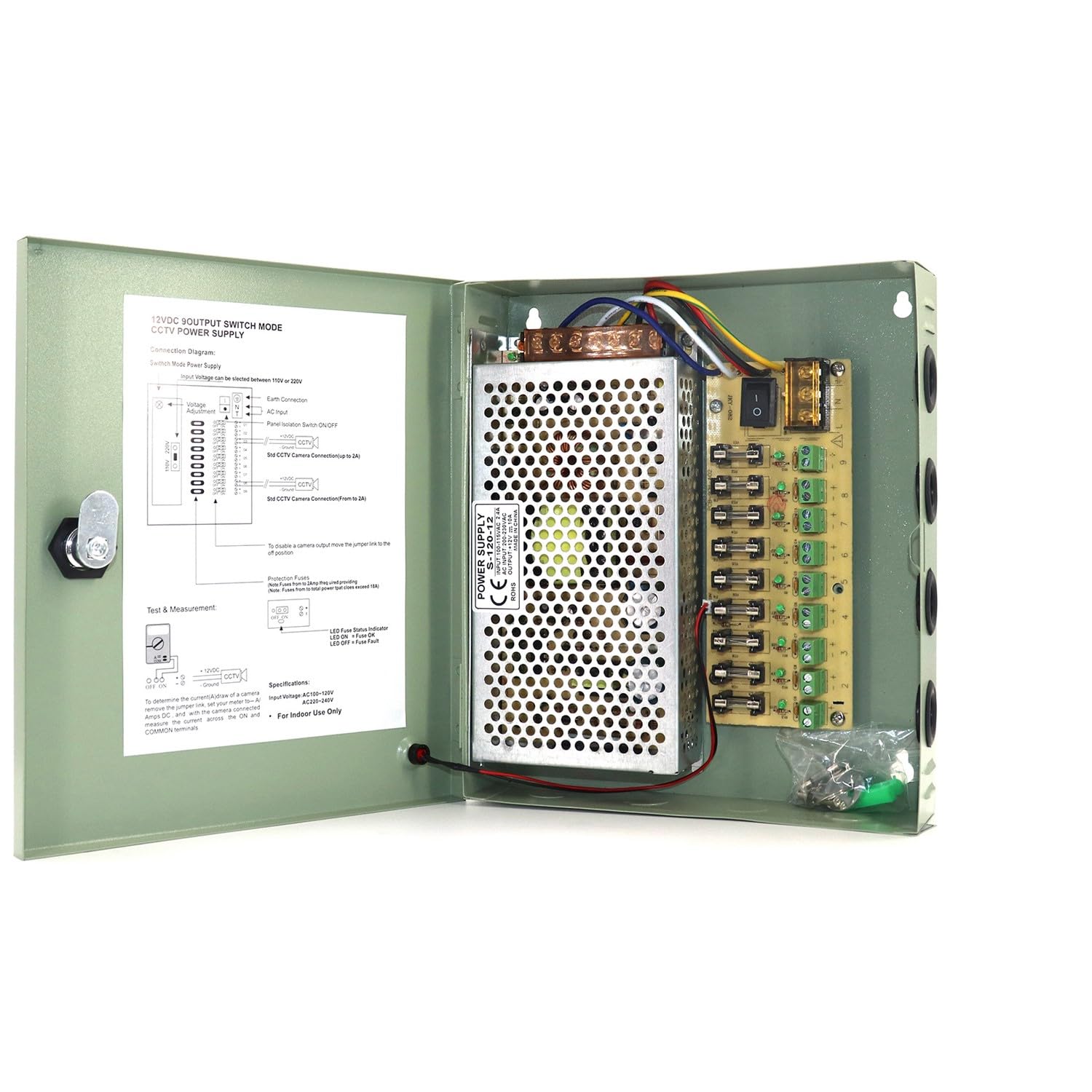 AOMUCH 9 Output Channel CCTV Glass Fuse Distributed Power Supply Box for Security Camera DC 12V 10A w/Key Lock