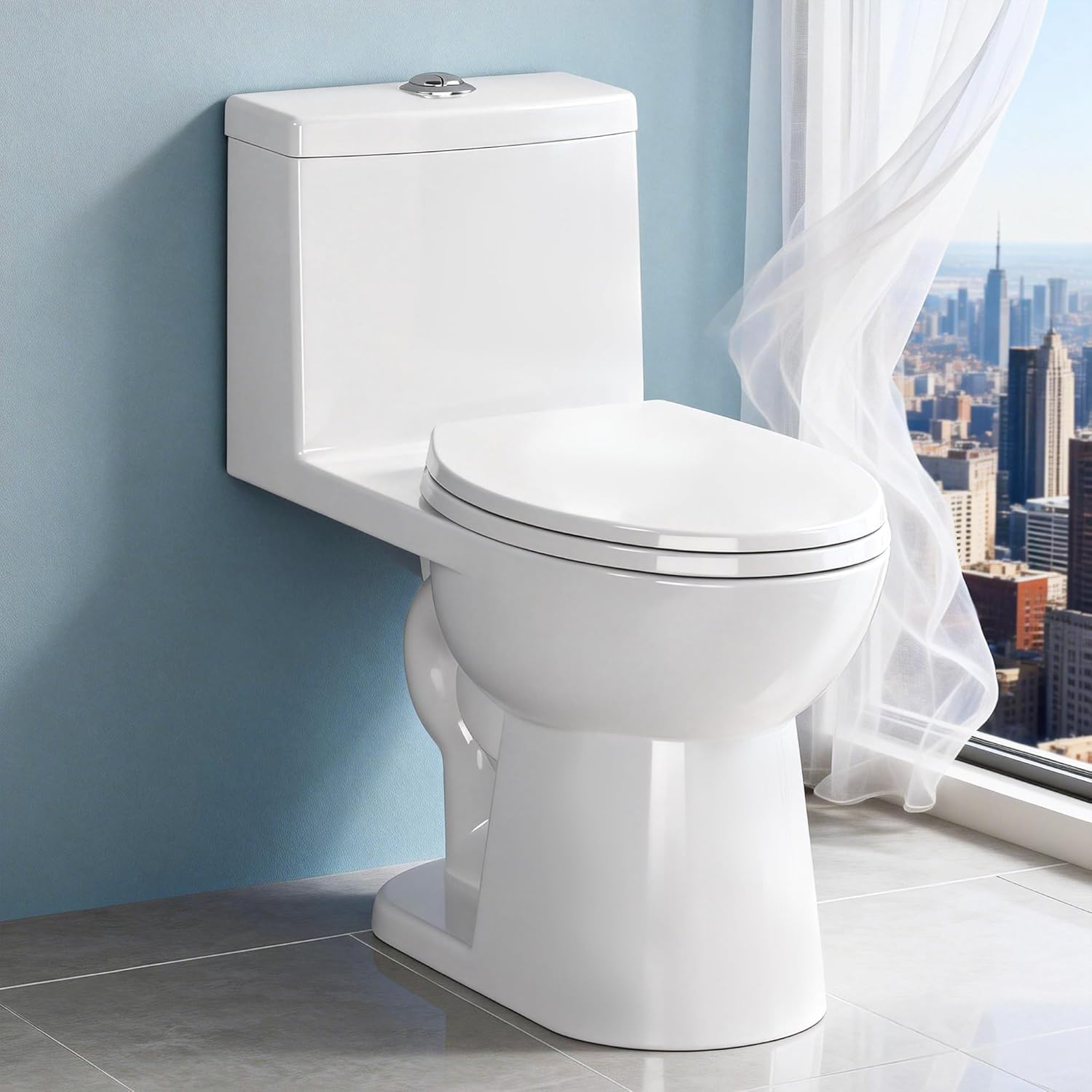 One Piece Toilet for Bathrooms Elongated Soft Close Seat, 17" ADA Chair Height, 360° TSUNAMI Dual Flush 0.8/1.28 GPF, WaterSense Certified, Modern Easy Clean Toilets for Small Space, 12'' Rough-In