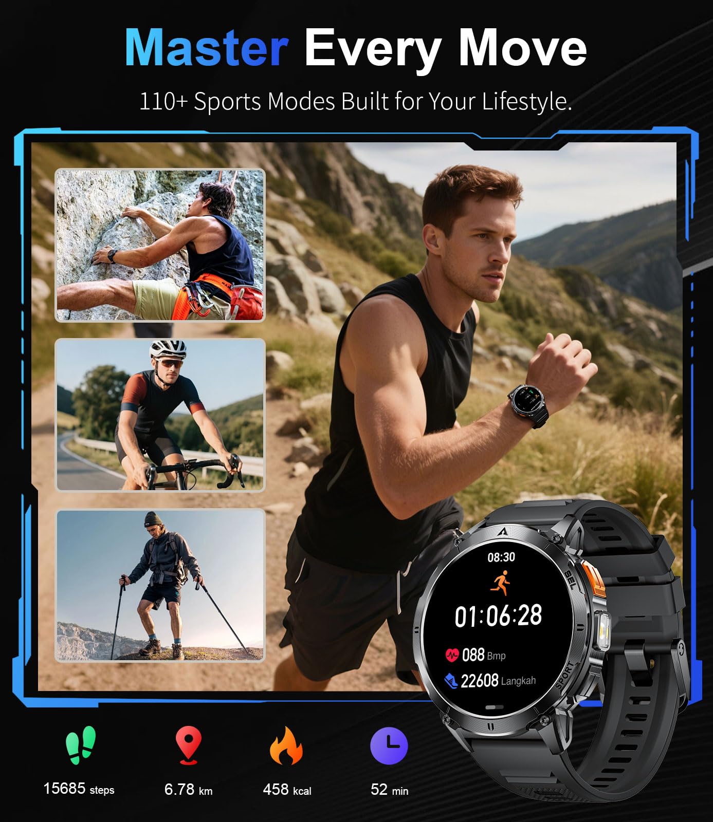 SUNKTA Montre Connectée Homme Militaire 730 mAh Grande Batterie 1,7″ HD Appels Bluetooth Smartwatch pour iOS Android Moniteur de Fréquence Cardiaque/Sommeil/Lampe LED,2 Bracelets,2 Chargeurs,Gris