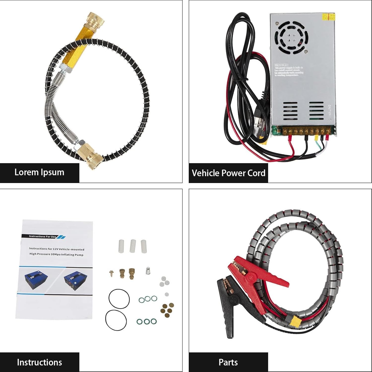 Image showing the contents of the GEHPYYDS PCP Electric Air Compressor package, including the compressor, air hose, 12V vehicle power cord, instructions manual, and various small parts and accessories.