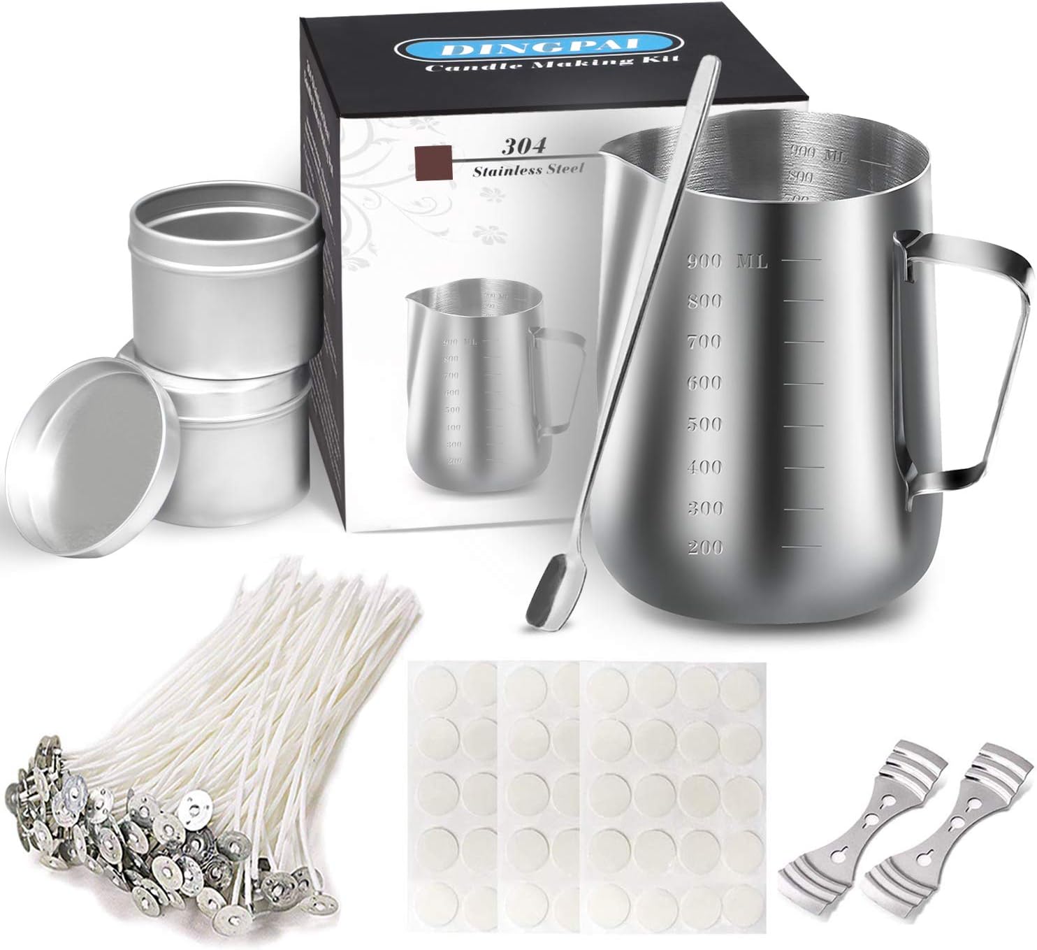 DINGPAI Candle Making Supplies, DIY Candles Craft Tools Including Candle Make Pouring Pot, Candle Wicks, Candle Wicks Sticker, 3-Hole Candle Wicks Holder, Candle Tins and Spoon