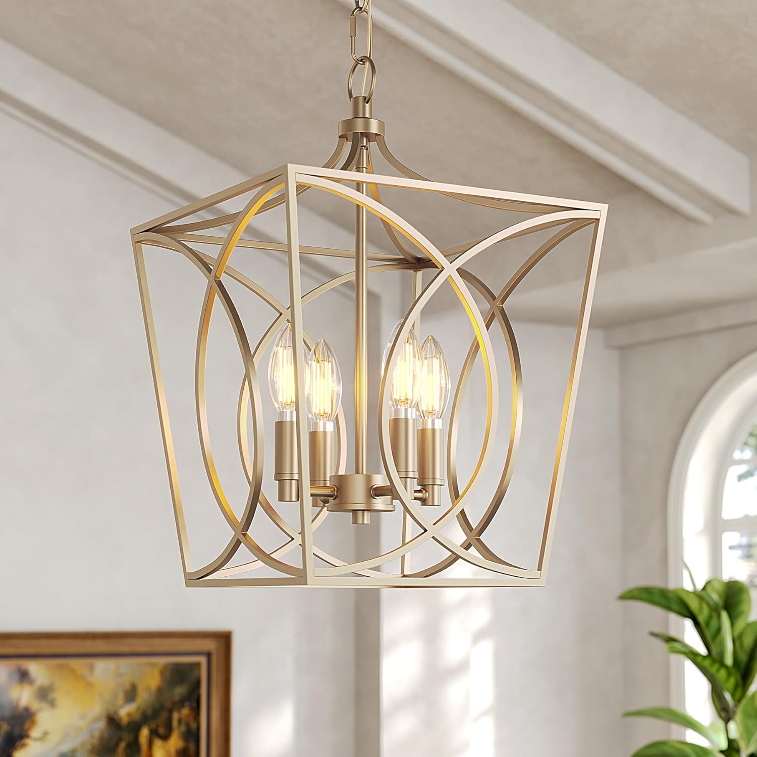 Tribesigns 4-Light Farmhouse Chandelier, Gold Rustic Metal Cage Adjustable Industrial Hanging Pendant Light Ceiling Fixture for Kitchen Island, Dining Room, Entryway UL Listed, E12 Base