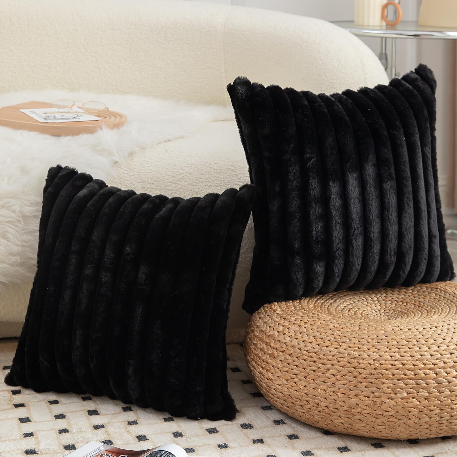 Mandioo Pack of 2 Decorative Cushion Covers 30cm x 50cm Faux Fur Striped Plush Soft Throw Pillow Covers Pillow Cases Bedroom Living Room Sofa Home 20x20 Inch Black - Image 4