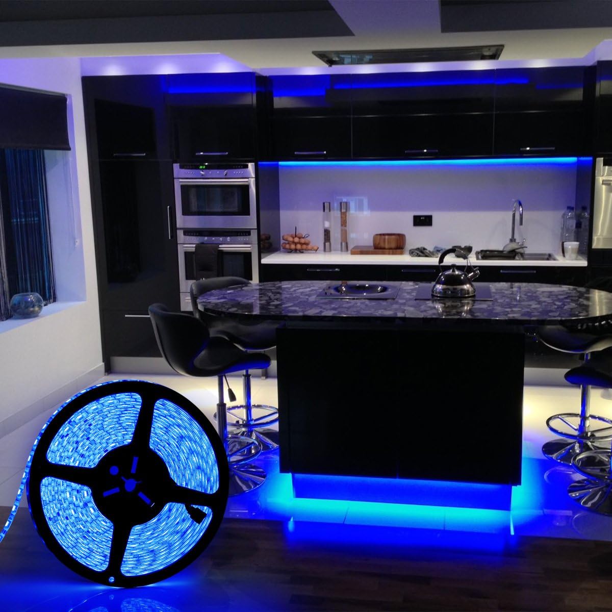 LED strip illuminating a kitchen in blue