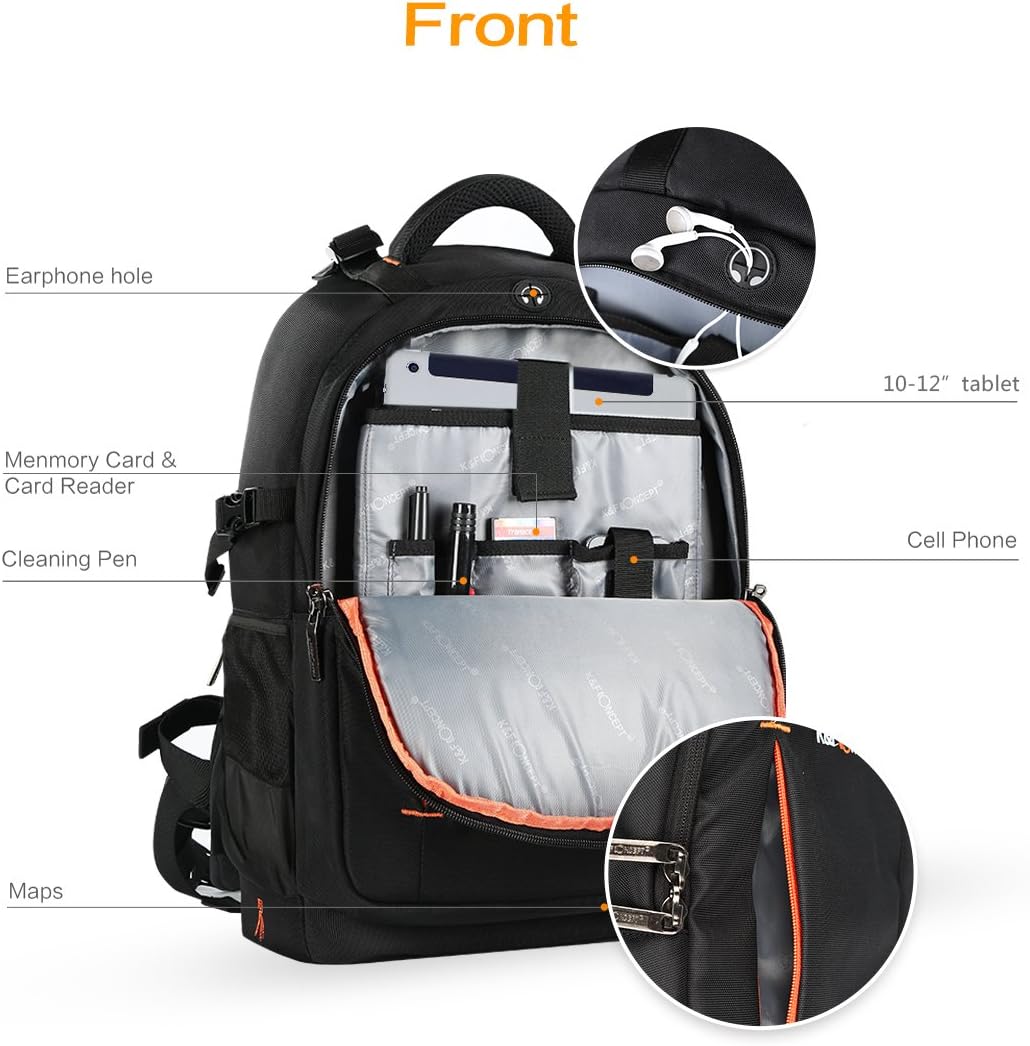 Professional Camera Backpack, K&F Concept Waterproof Camera Bag Case for SLR DSLR Cameras and Tripod with Rain Cover