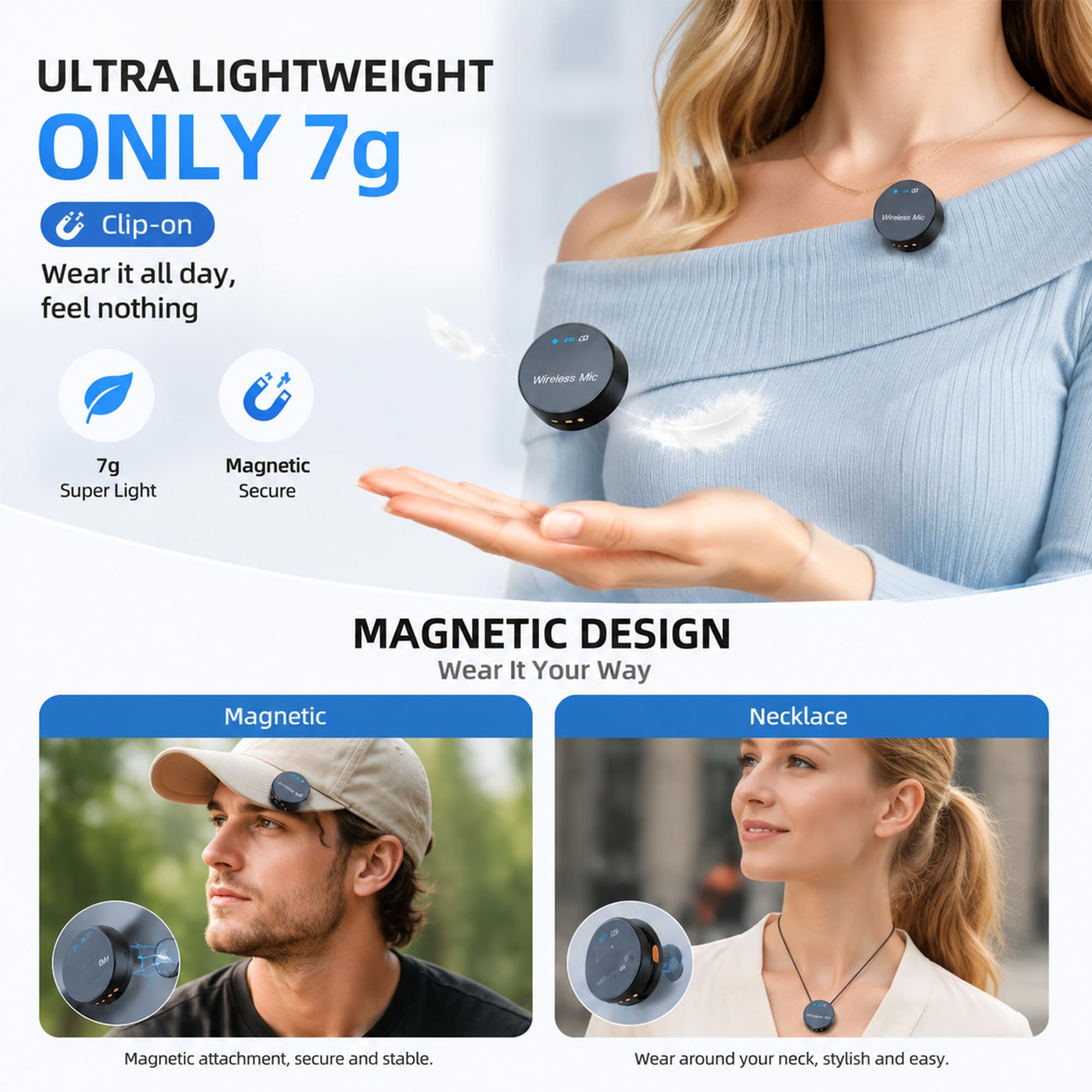 Microfono lavalier wireless, USB-C, a 2 canali, microfono a clip con custodia di ricarica, portata 30 m, batteria 30H, cancellazione del rumore per registrazione iPhone Android