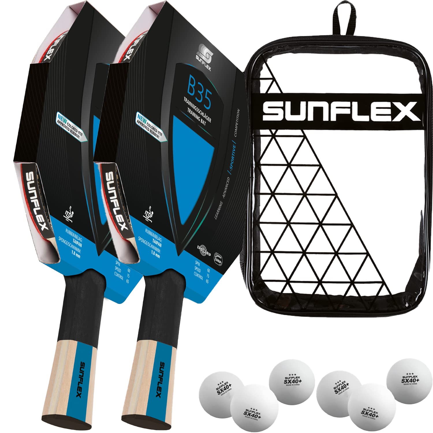 Sunflex® Color COMP B35 Tischtennisschläger | Tischtennis Racket Bat TT Hobby Trainingsschläger | konkaver Griff | ITTF zertifizierter Blauer Belag | für fortgeschrittene Spieler